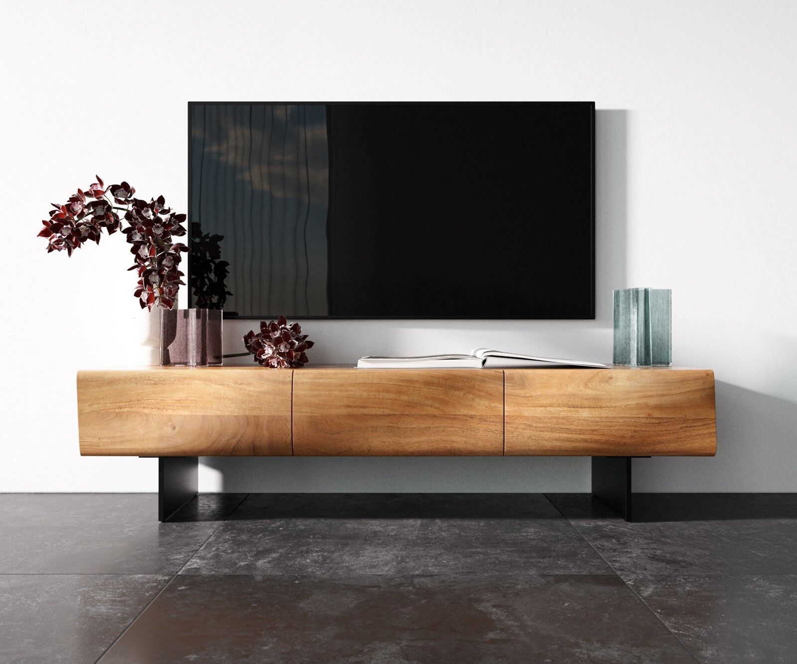 Meuble - TV New Live-Edge 145 cm acacia naturel 3 portes pied flottant métal noir 3