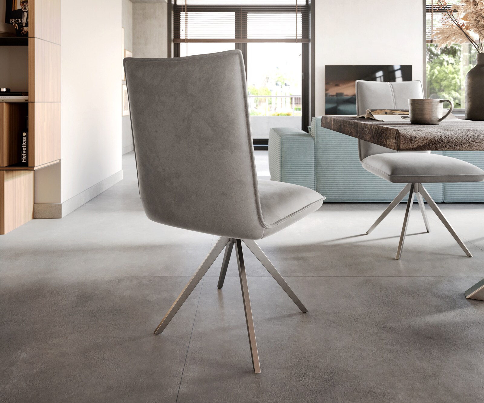 Chaise-de-salle-à-manger Lelio-Flex velours gris pied croisé large acier inoxydable brossé ressorts ensachés 4 Chaise-de-salle-à-manger Lelio-Flex velours gris pied croisé large acier inoxydable brossé ressorts ensachés 4