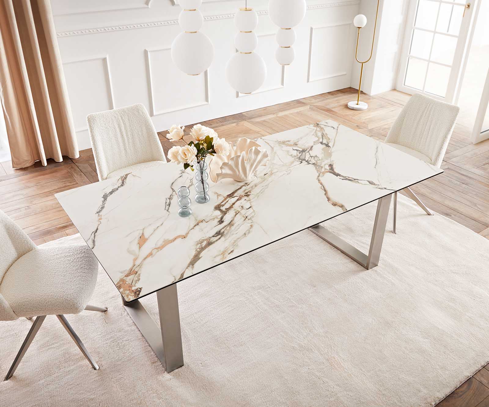 Table à manger Edge 200x100 céramique Calacatta Luxe blanc-doré-gris acier inoxydable mince 5