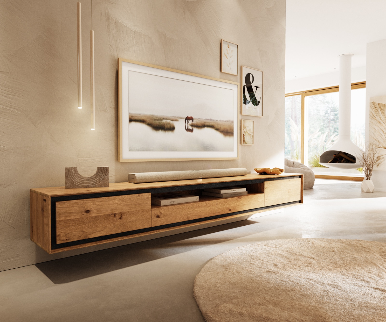 Meuble-TV Stonegrace 240 cm Chêne Naturel 2 portes 1 compartiment 2 tiroirs Placage pierre Suspendu Meuble-TV Stonegrace 240 cm Chêne Naturel 2 portes 1 compartiment 2 tiroirs Placage pierre Suspendu