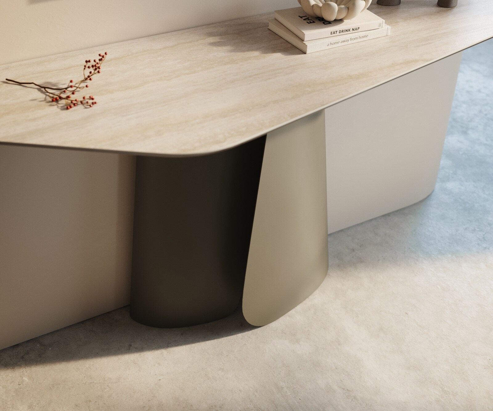 Console Edge Polygonal 140x50 cm Céramique Laminam® Travertino Bianco Creme-Weiß Livos Métal Effektfinish Titan 6