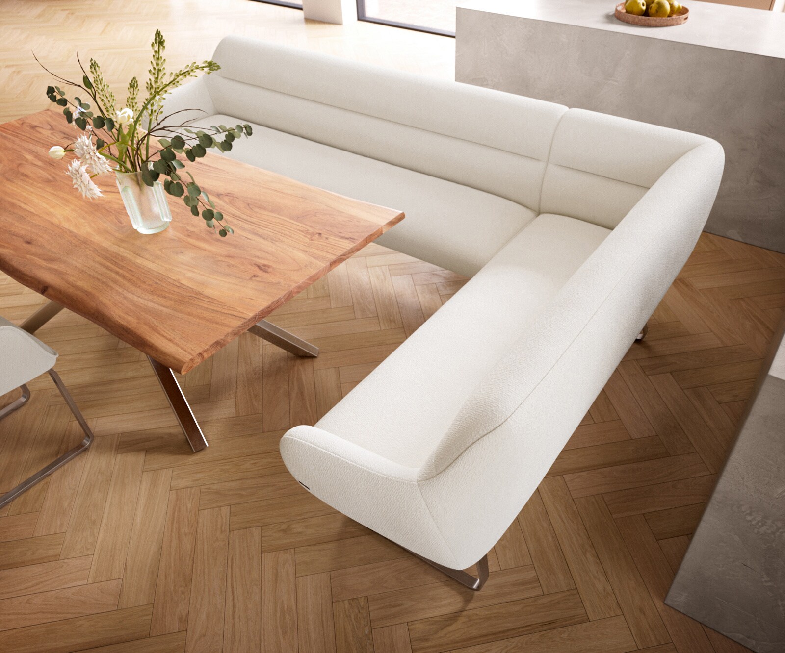 Banc-de-salle-à-manger Taya-Flex 285x190 cm bouclé crème-blanc châssis à patins plat acier inoxydable ressort ensaché liens 4