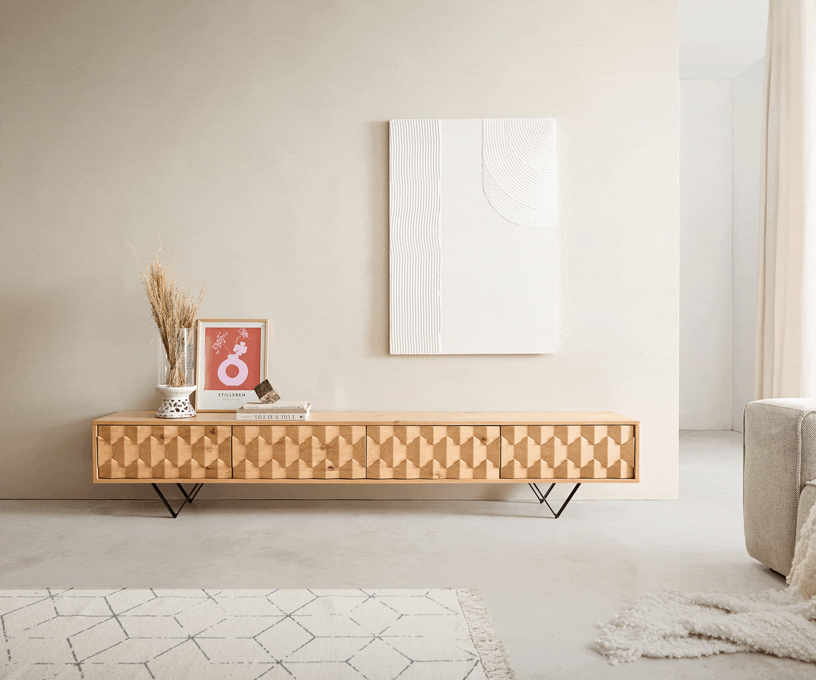 Meuble-TV Fevo 220 cm chêne naturel 4 portes pied en V métal noir 3