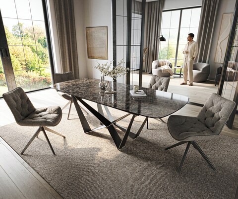 Table de salle à manger Edge Boot 180-220x100 cm Céramique Emperador Extra Lucidato Brun foncé Spider Acier plat Acier inoxydable Graphite extensible