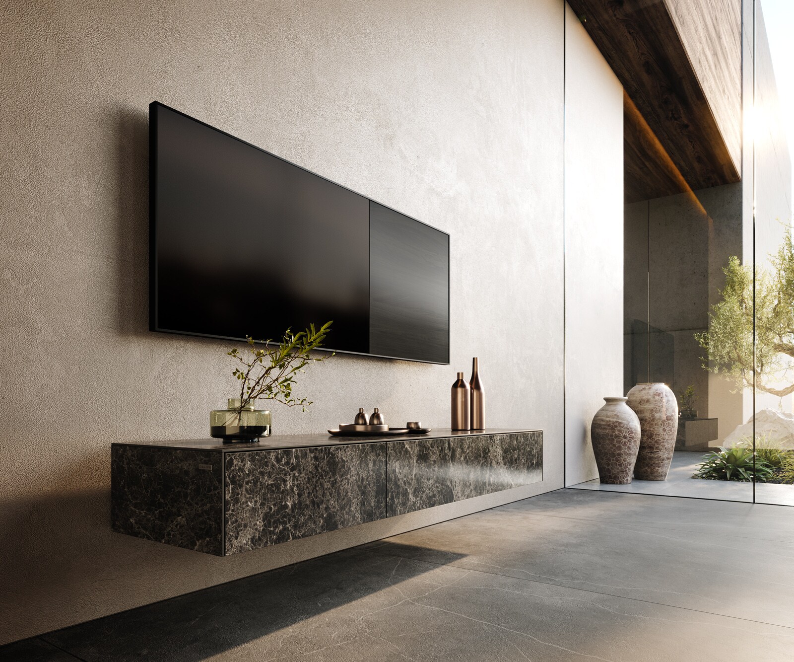 Meuble-TV Cuor 150 cm Céramique Laminam® Emperador Extra Lucidato brun foncé 1 Clapet 1 Tiroir Flottant