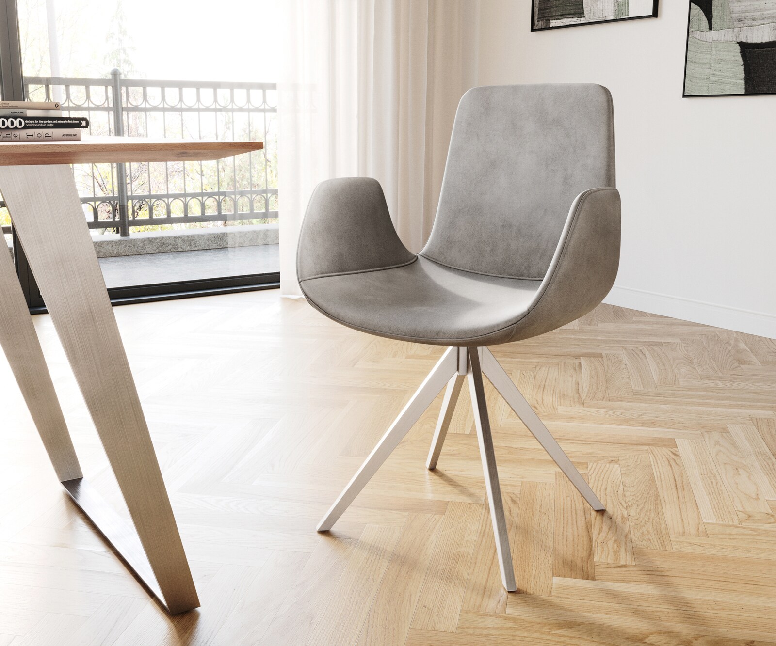 Chaise-de-salle-à-manger Ilia-Flex avec accoudoirs velours gris pied croisé angulaire acier inoxydable brossé