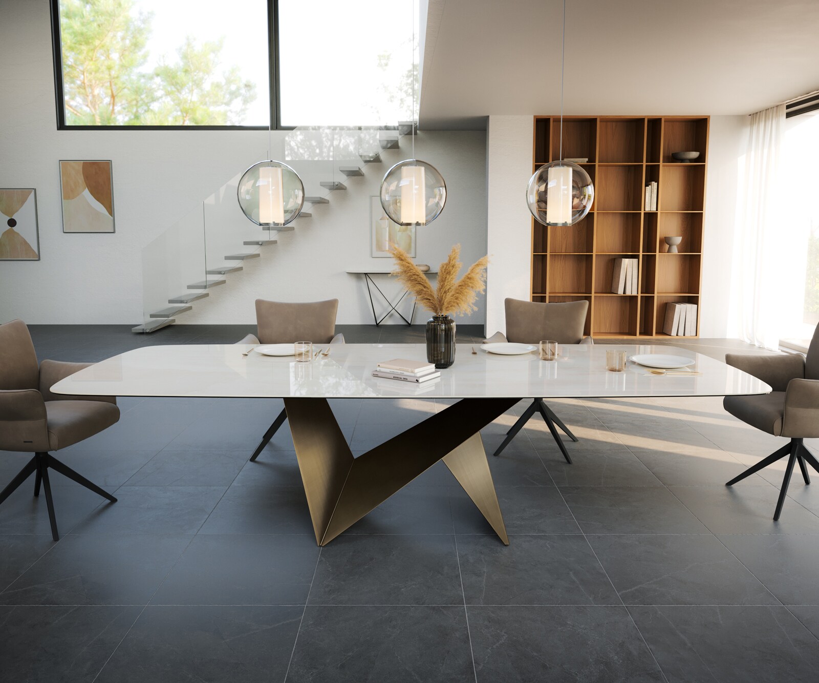 Table à manger Edge Boot 300x120 cm Céramique Onyx Champagne Origami Métalic Or 2