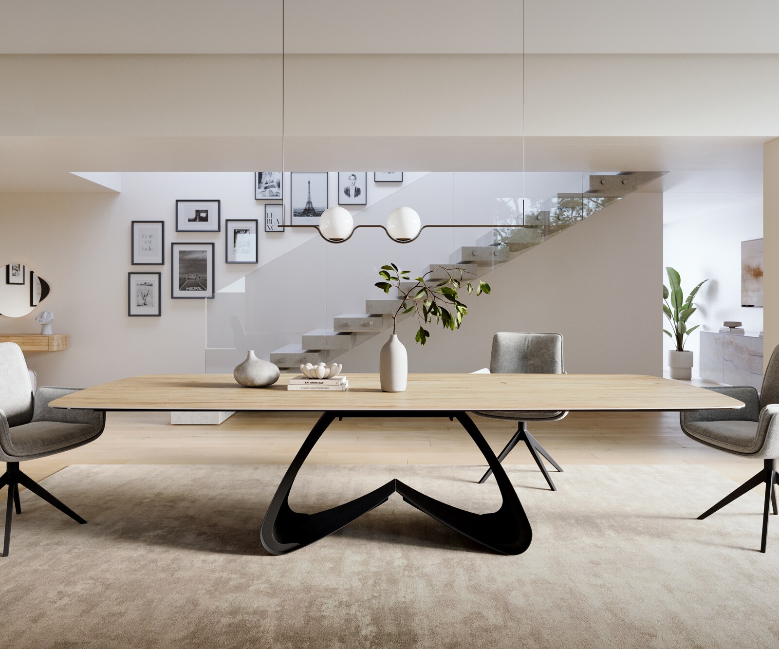 Table à manger Edge Boot 300x120 cm Céramique Laminam® Sabbia Eichefarbig piètement en W Métal Noir 2