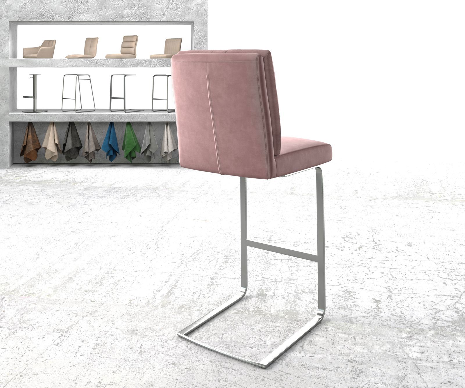 Chaise-de-bar Pela-Flex velours rosé chaise cantilever acier plat inoxydable 2