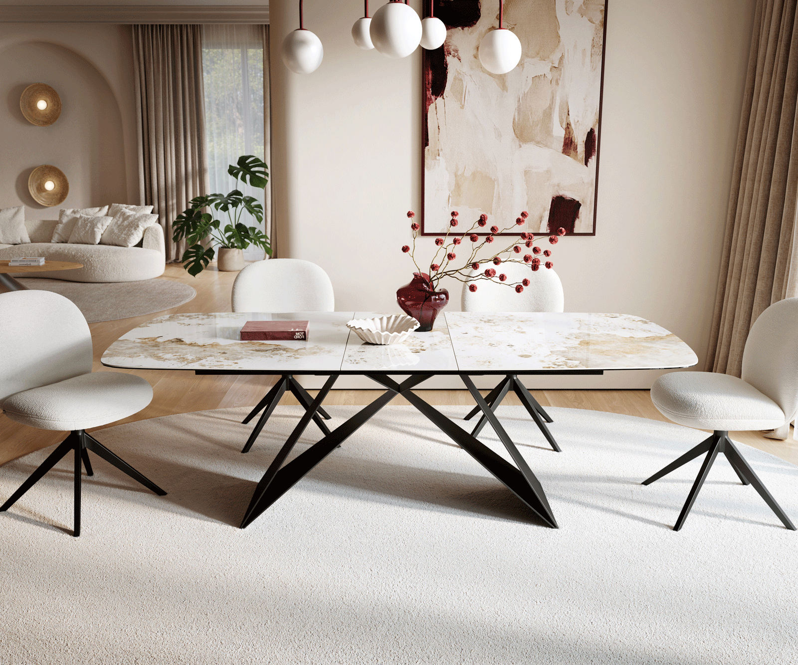 Table à manger Edge Boot 180-220x100 cm Céramique Minas Melange Blanc-Beige piètement en V Flachstahl Noir extensible 2