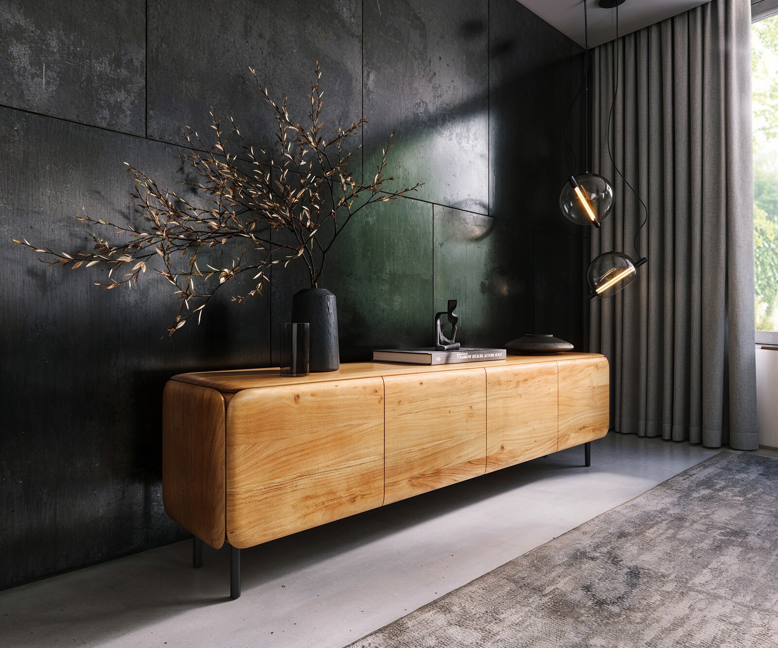 Meuble-TV Shavani 200 cm Acacia naturel 4 portes Pieds ronds Métal Noir