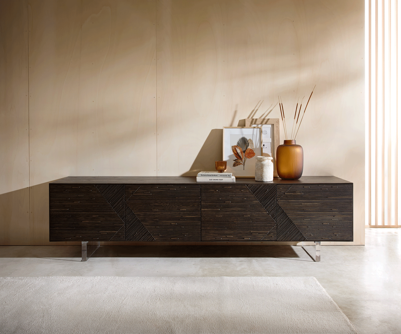 Meuble-TV Tereos 220 cm Frêne brun foncé Effet 3D 4 portes Pieds suspendus Verre acrylique 4