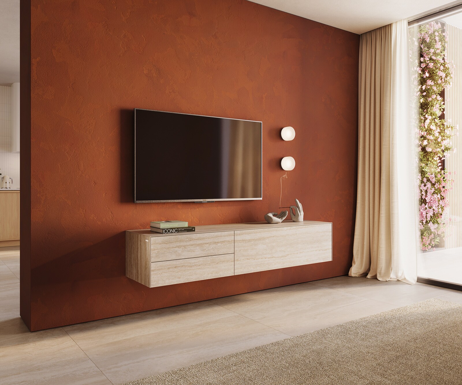 Meuble-TV Cuor 180 cm Céramique Laminam® Travertino Bianco Crème-blanc 1 Clapet 2 Tiroirs Flottant 1