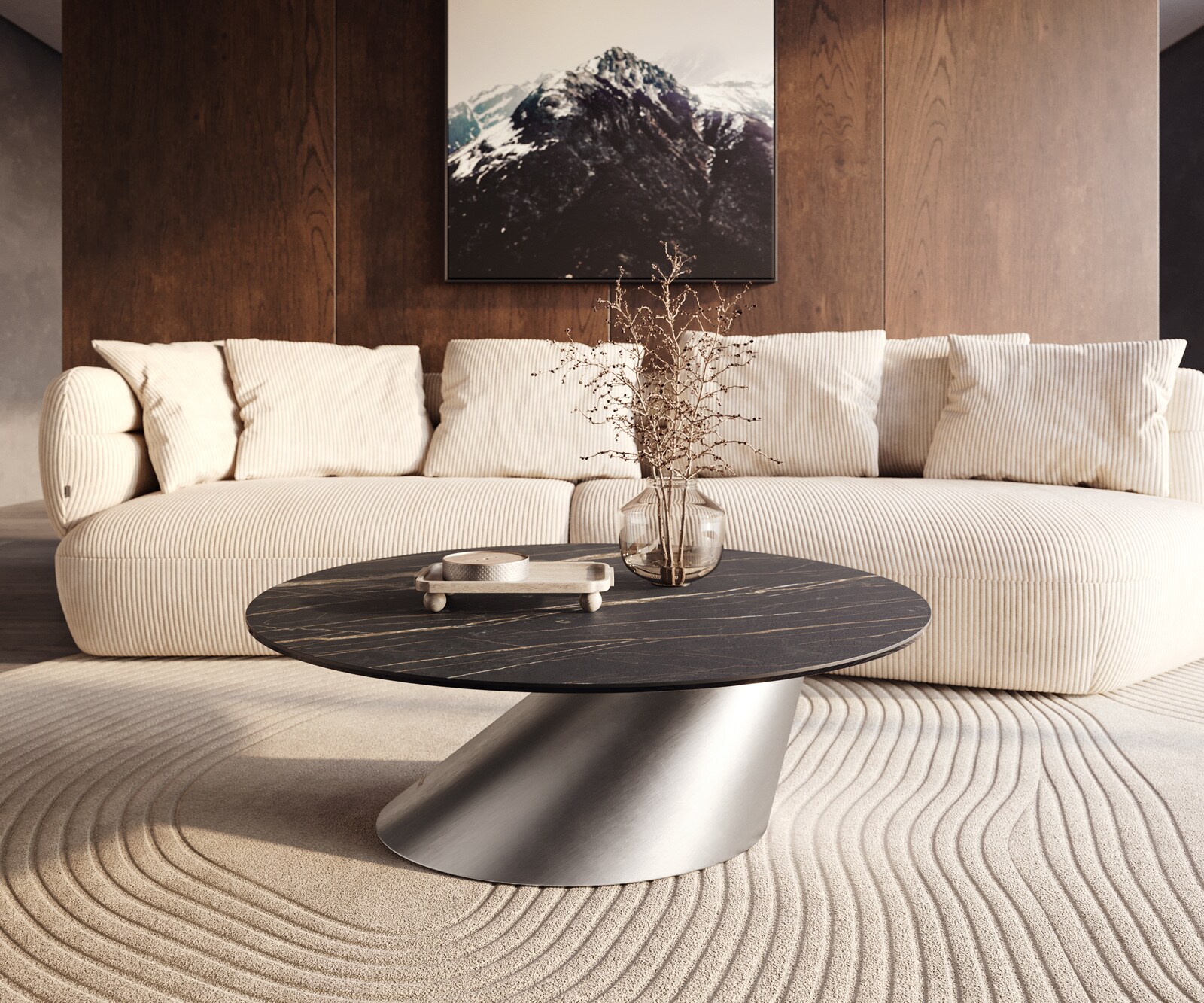 Table basse Edge rond 100x100 cm céramique Laminam® Noir Desir brun Conis acier inoxydable brossé 6