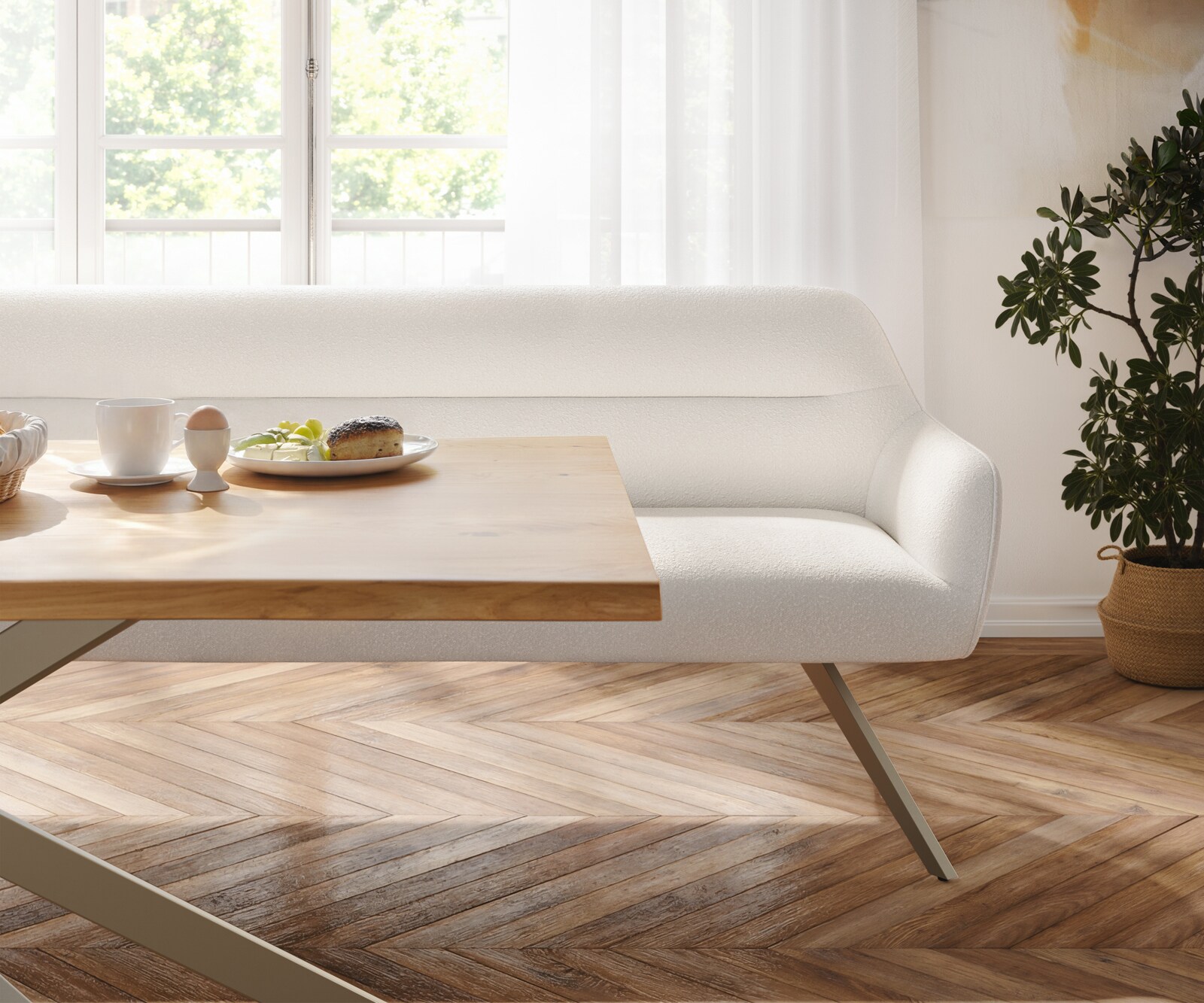 Banc-de-salle-à-manger Taya-Flex 200 cm bouclé crème-blanc pied croisé angulaire titane ressort ensaché 3