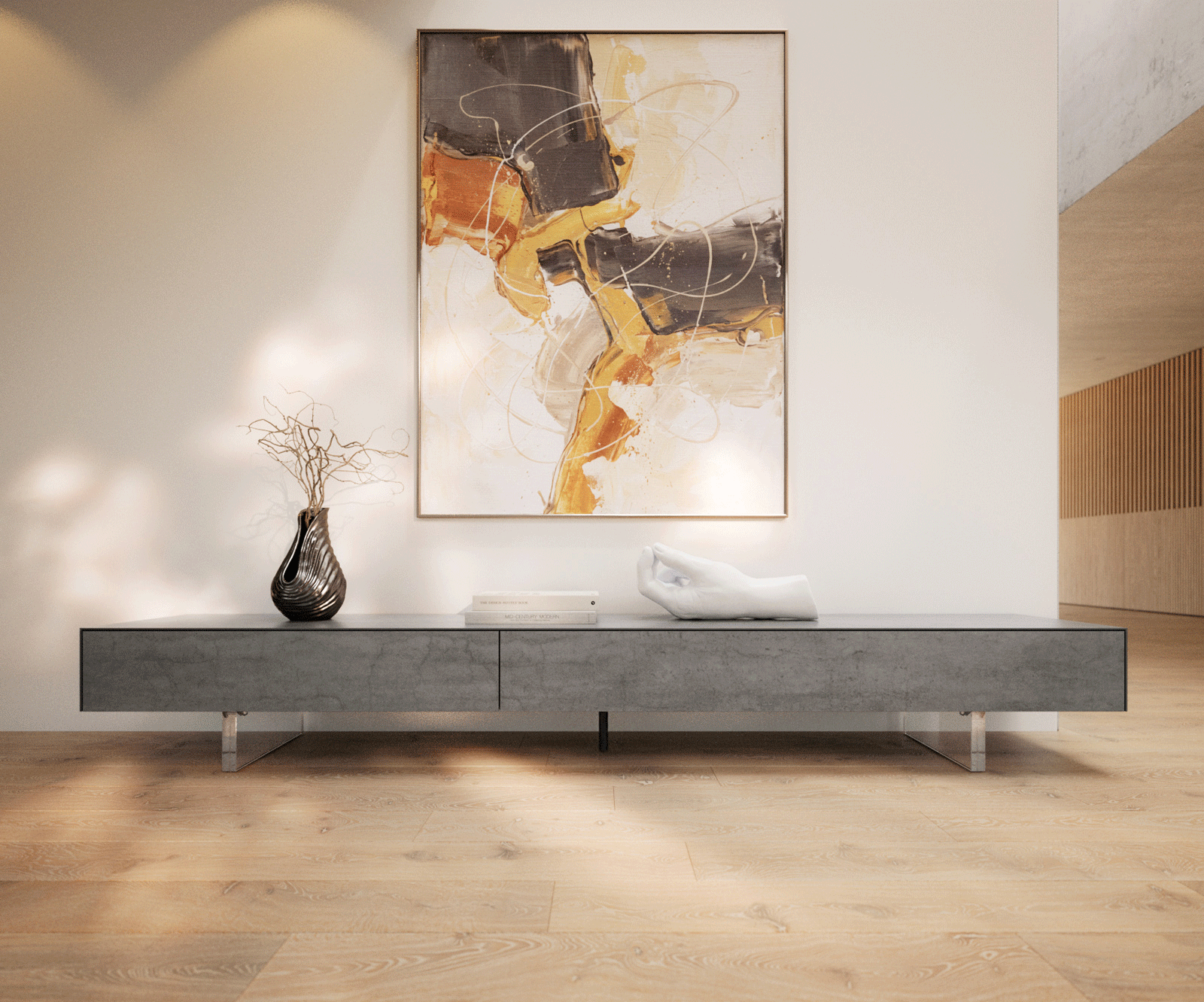 Meuble-TV Cuor 250 cm Céramique Béton gris 1 Clapet 1 Tiroir Pied optique flottant Verre acrylique 2