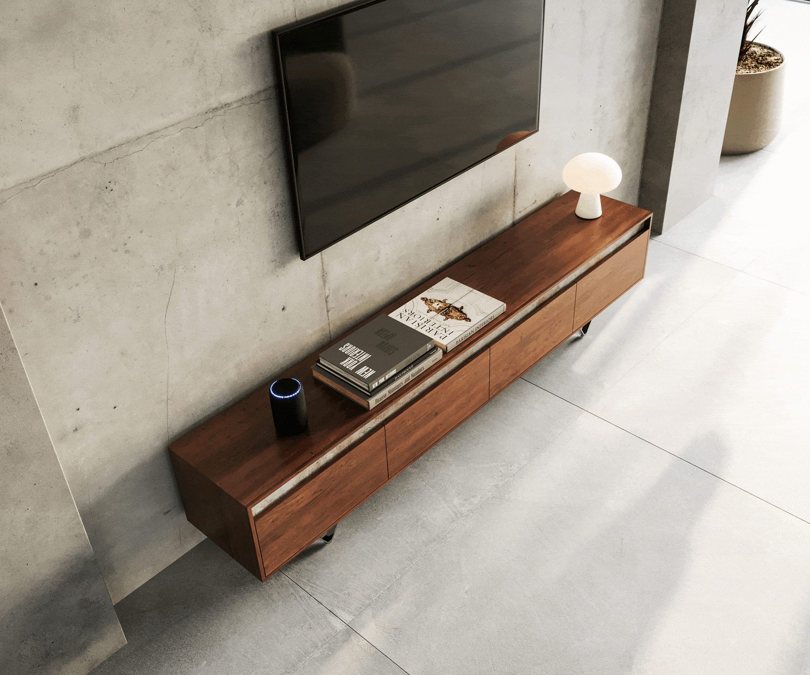 Meuble-TV Stonegrace 200 cm acacia marron ardoise 4 tiroirs pied en V noir 4