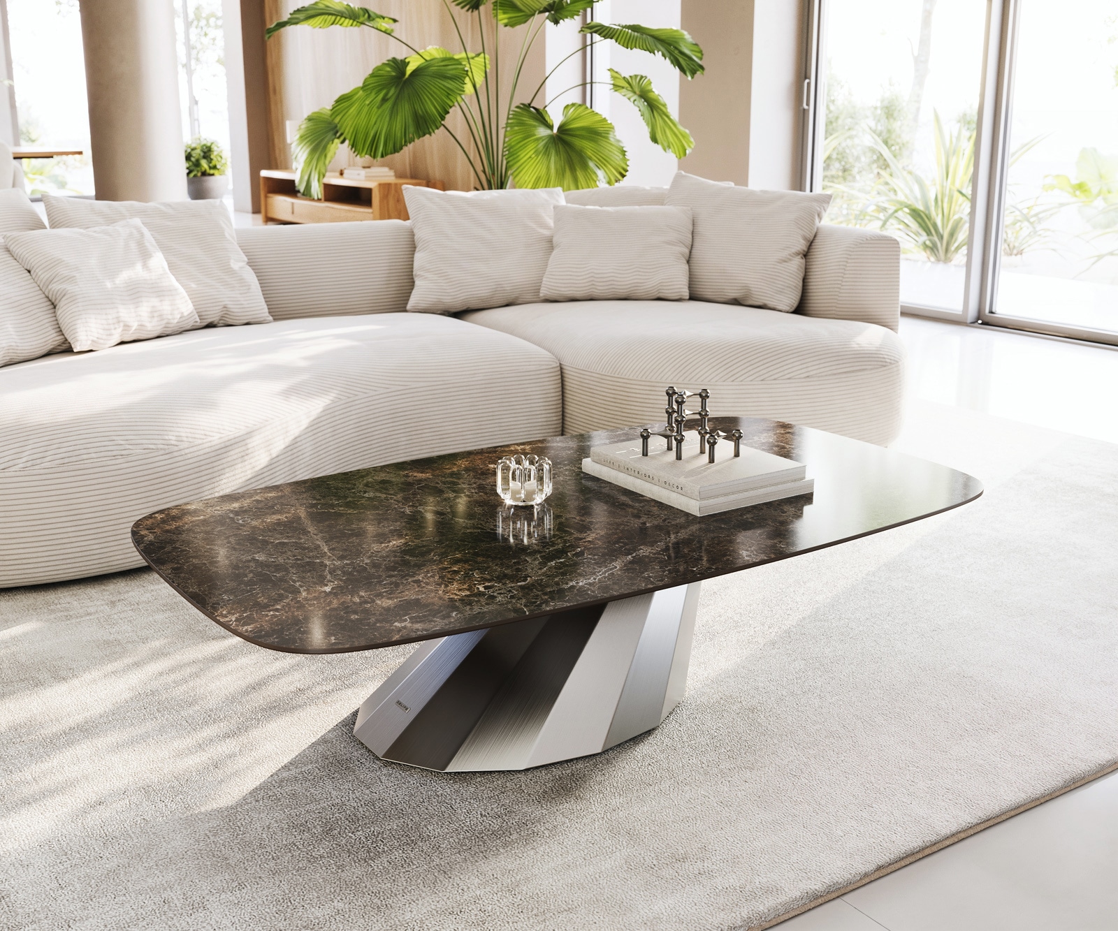 Table basse Edge bateau 140x80 cm céramique Emperador Extra Lucidato brun foncé Parabi acier inoxydable brossé
