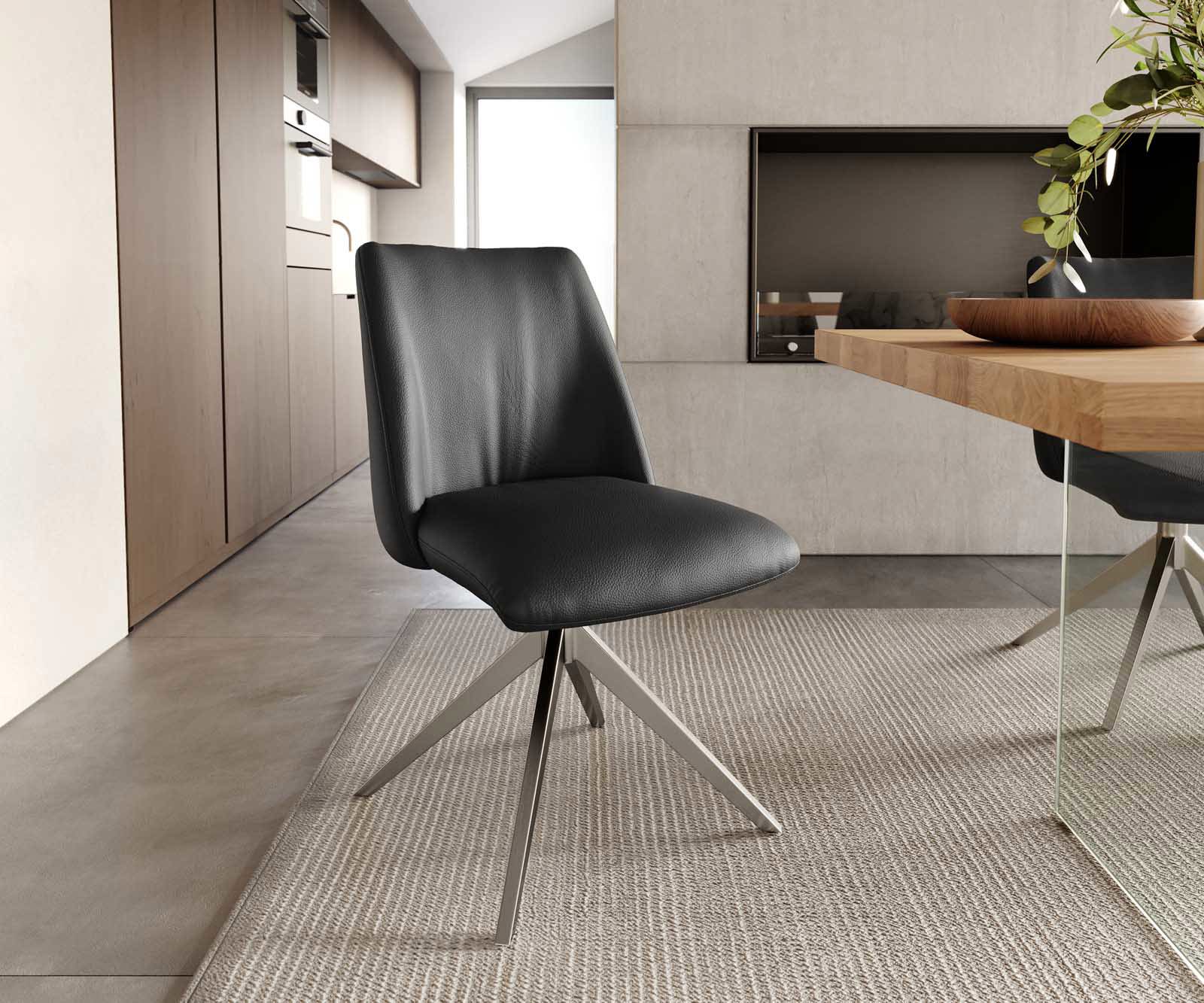 Chaise-pivotante Elso-Flex cuir de vache noir pied croisé large acier inoxydable brossé pivotement sur 360° ressorts ensachés