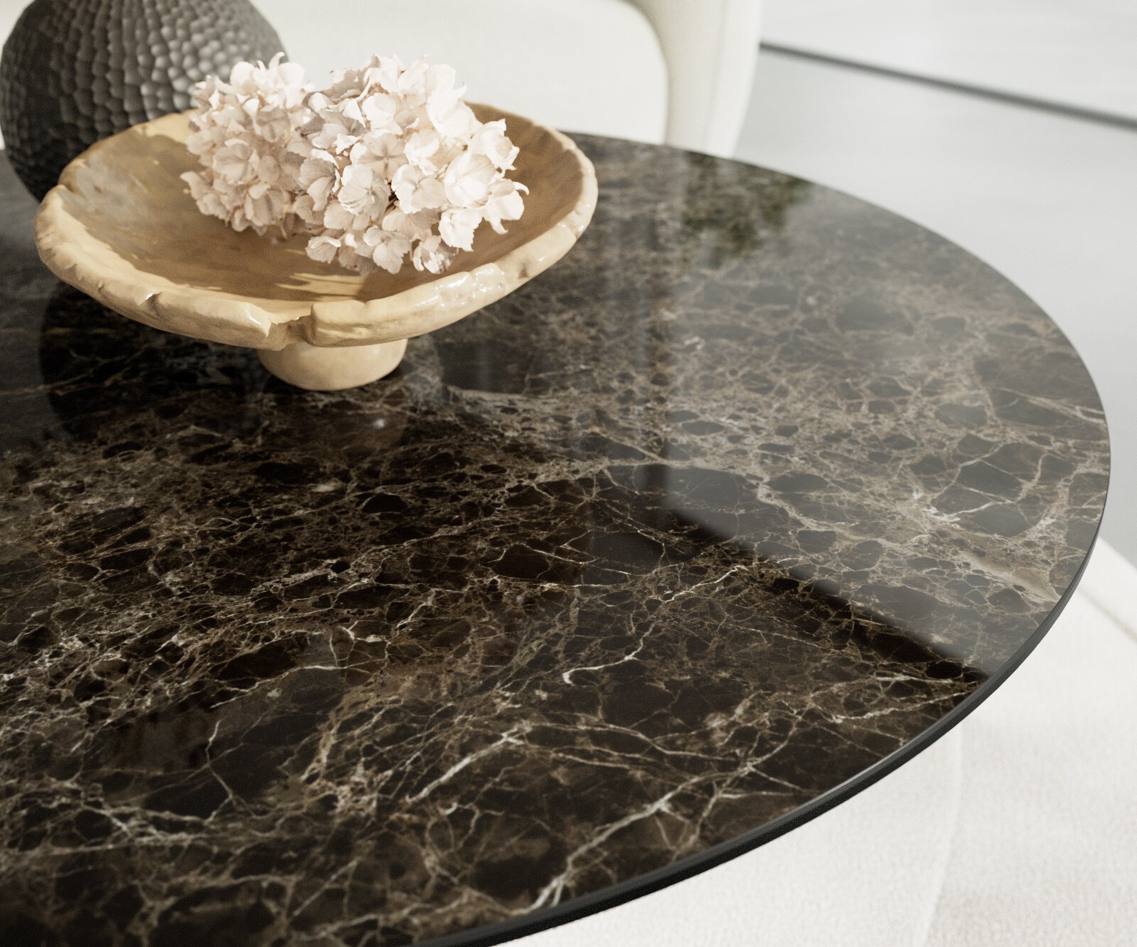 Table basse Edge rond 100x100 cm céramique Laminam® Emperador Extra Lucidato brun foncé Conis métal noir 5