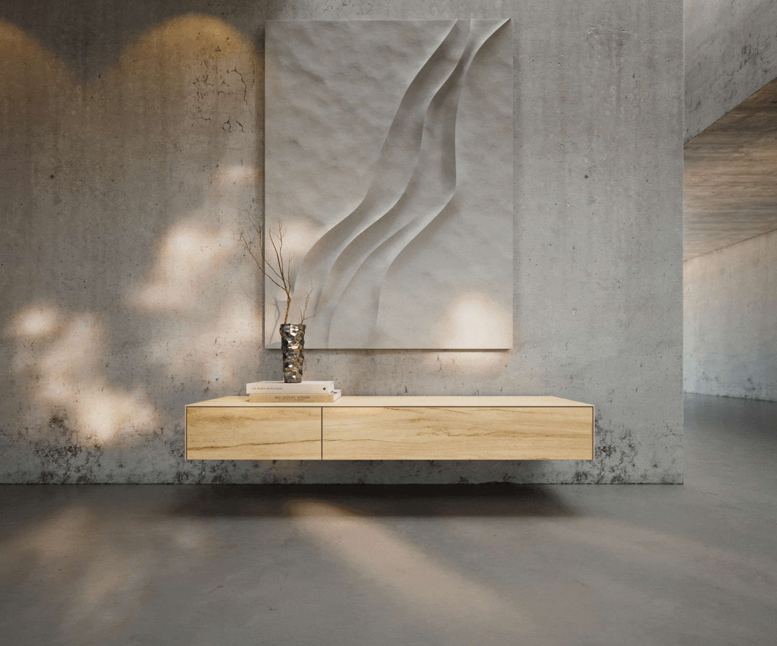 Meuble-TV Cuor 150 cm Céramique Laminam® Sabbia Teinte chêne 1 Clapet 1 Tiroir Flottant 1