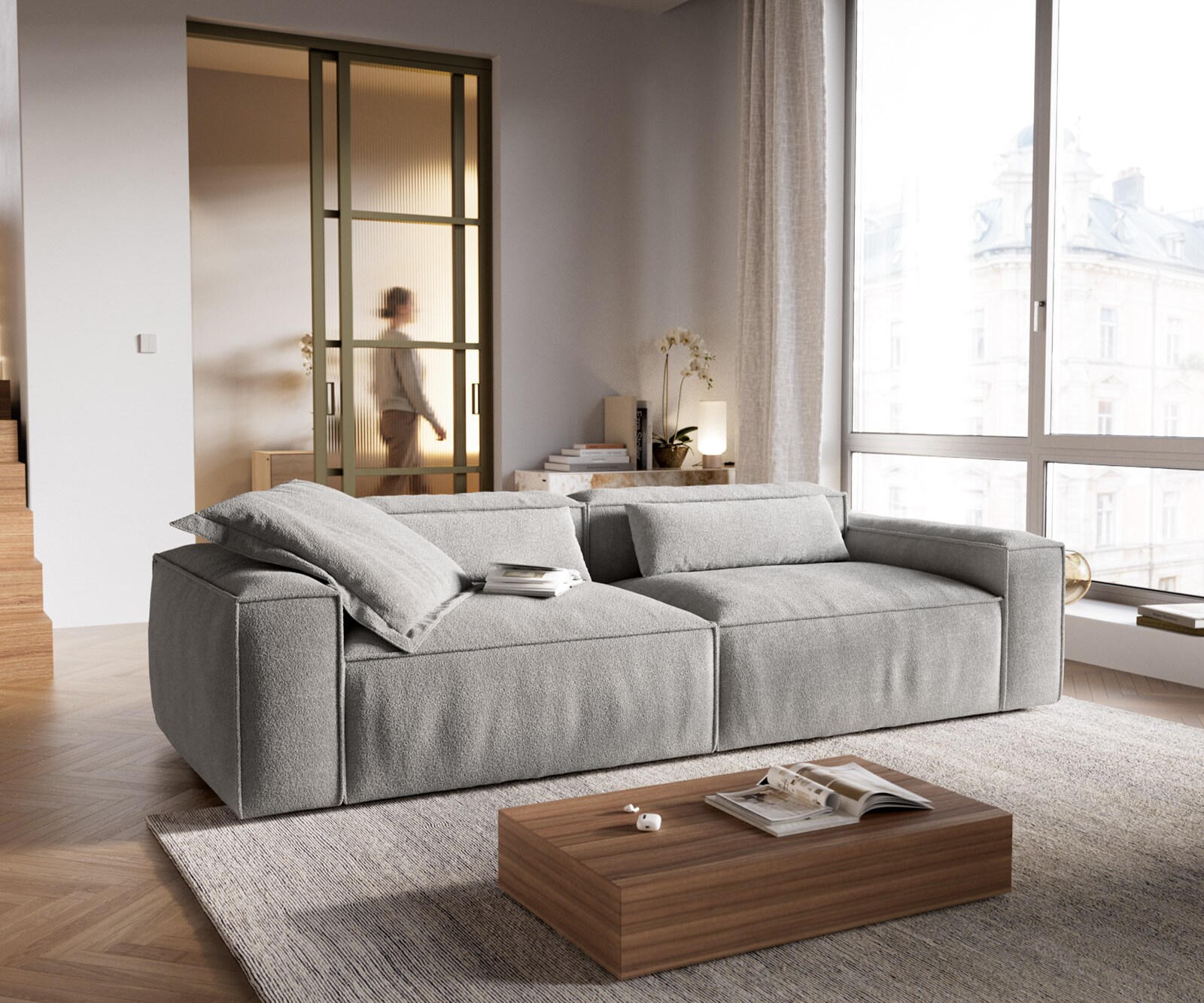 Grand canapé Freestyle Cozy 280x110 cm Tissu texturé gris doux