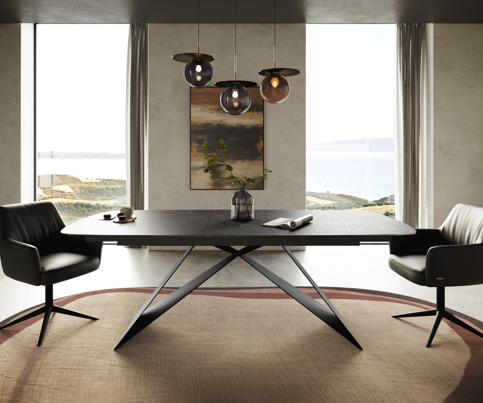 Table à manger Edge Boot 180-220x100 cm Céramique Laminam® Nero Greco Anthracite piètement en V Flachstahl Noir extensible 2