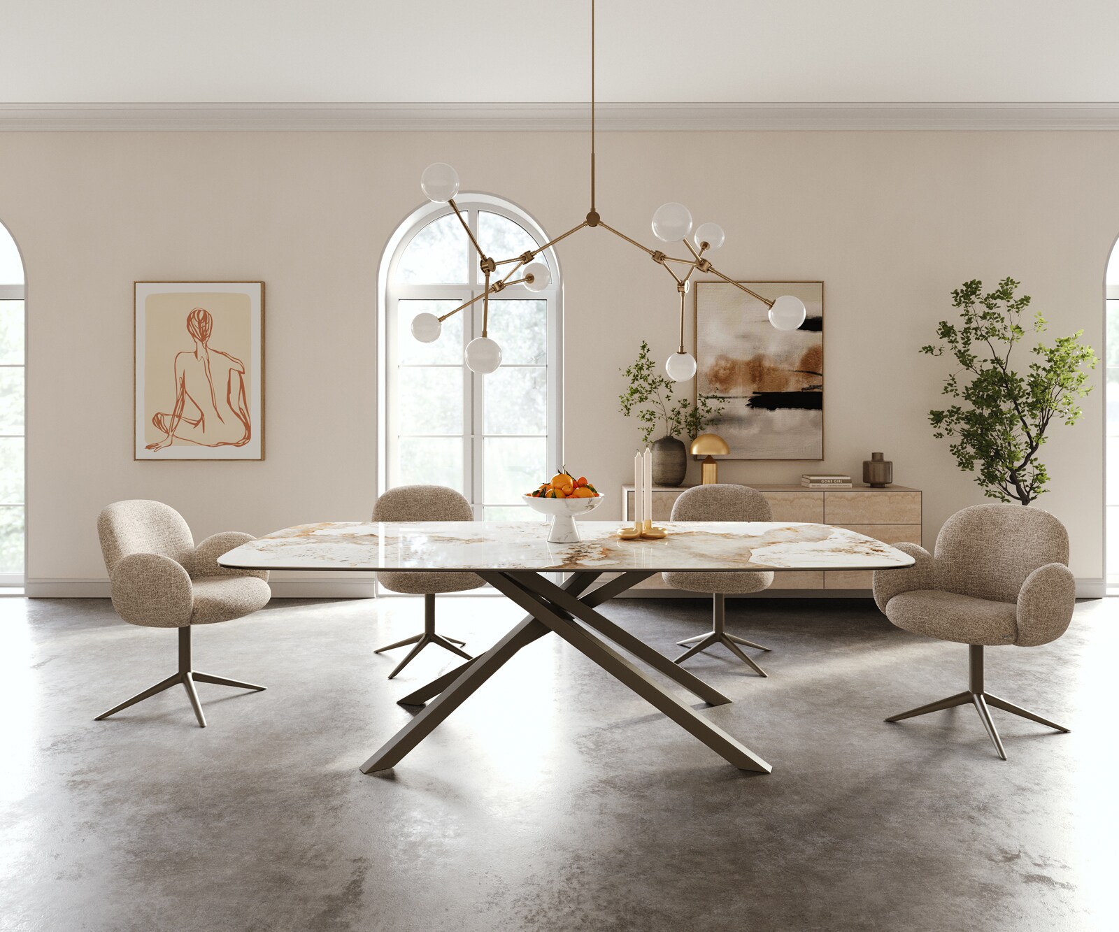 Table à manger Edge Boot 240x120 cm Céramique Minas Melange Blanc-Beige piètement en croix Rectangle Finition effet Titan 2