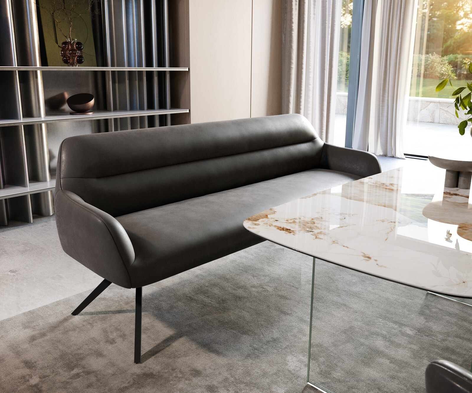 Banc-de-salle-à-manger Taya-Flex 200 cm microfibre antracite vintage pied croisé angulaire noir ressort ensaché