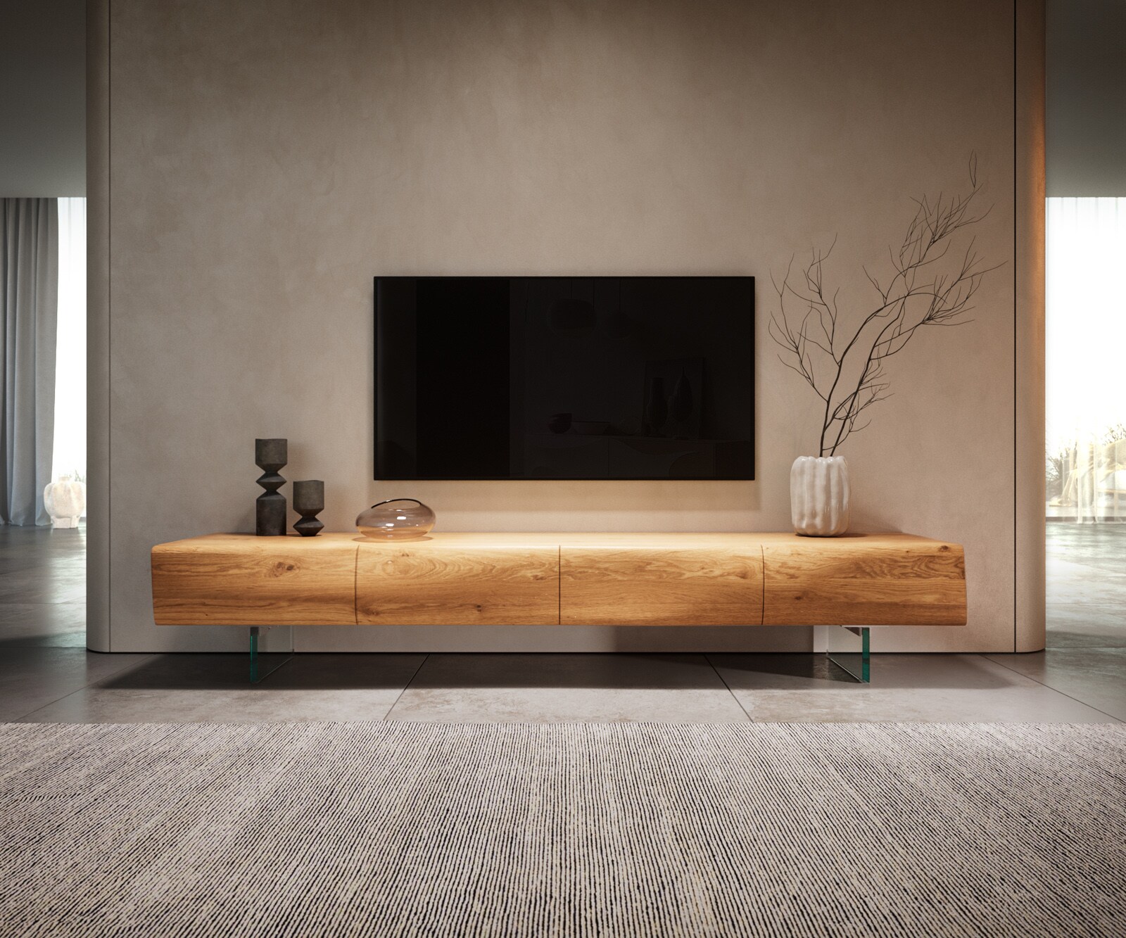 Meuble -TV New Live-Edge 200 cm chêne naturel 4 portes pied en verre