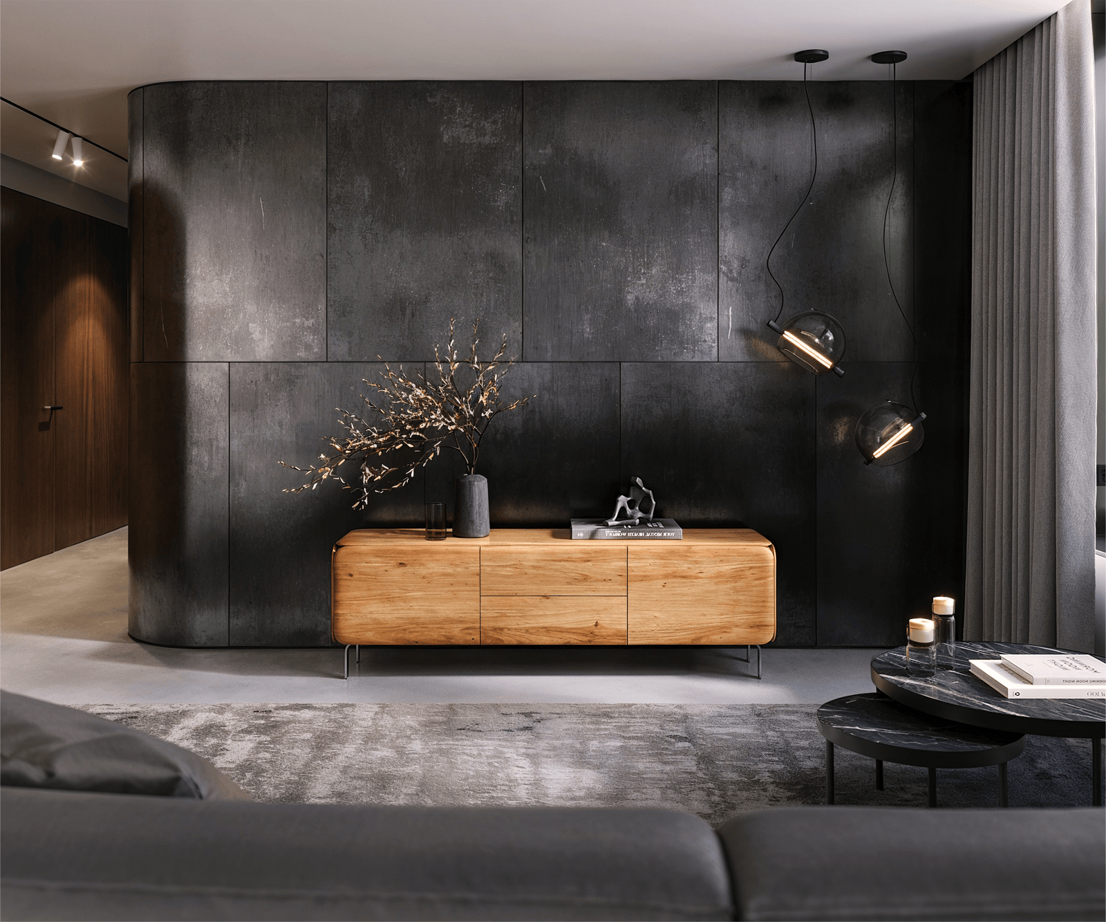 Meuble-TV Shavani 175 cm Acacia naturel 2 portes 2 tiroirs Pieds en L Acier inoxydable argenté 1