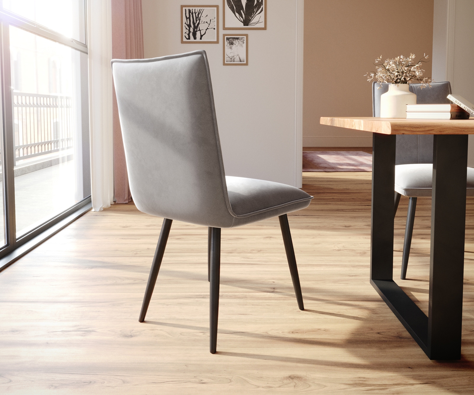 Chaise-de-salle-à-manger Lelio-Flex velours gris 4 pieds coniques noir ressorts ensachés 5