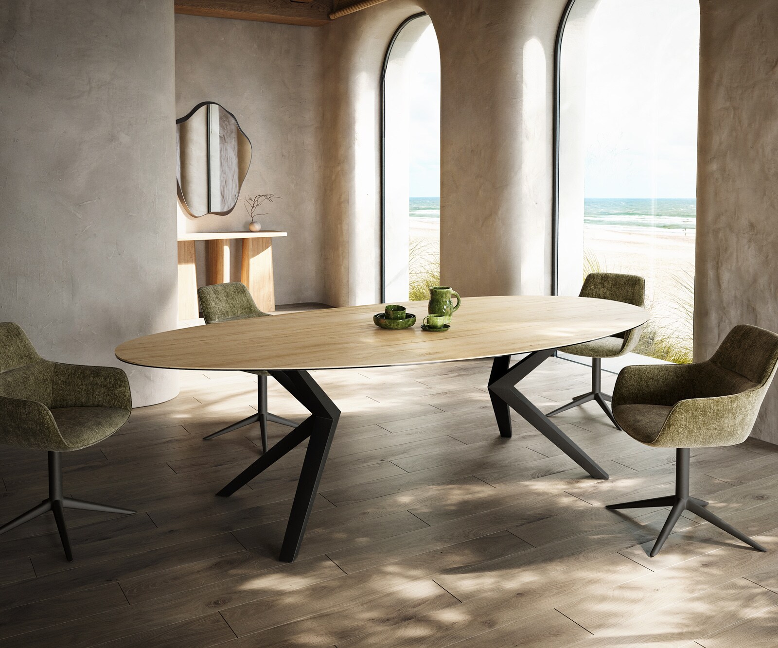 Table à manger Edge Ovale 280x130 Céramique Laminam® Sabbia Couleur chêne Zenthara anguleux Métal Noir 1