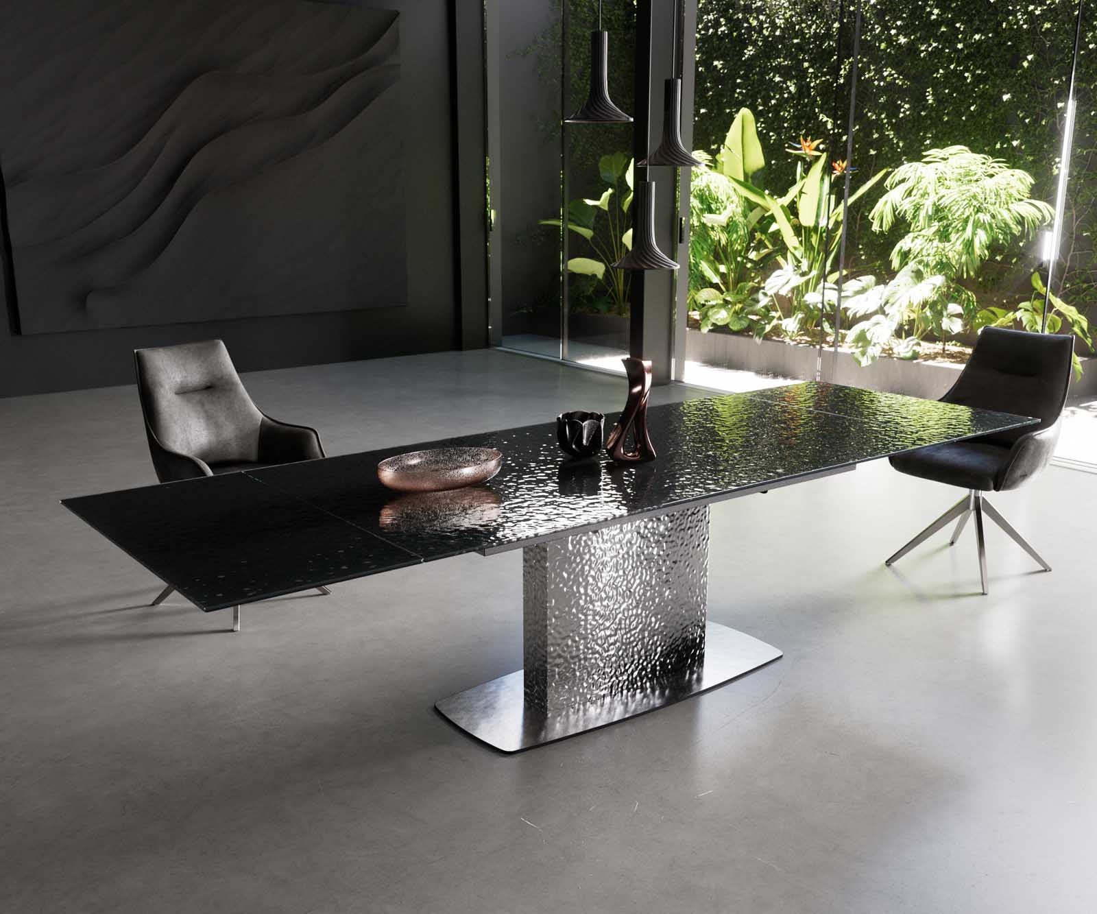 Table à manger Edge 200-300x100 verre fondu noir fumé relief en 3D Wave acier inoxydable extensible Table à manger Edge 200-300x100 verre fondu noir fumé relief en 3D Wave acier inoxydable extensible