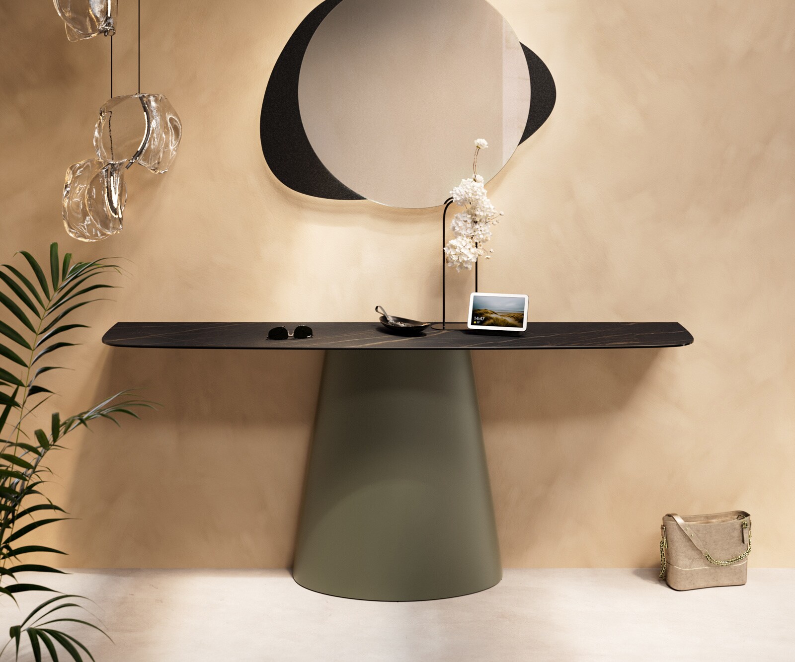 Console Edge forme bateau 180x40 cm Céramique Laminam® Noir Desir Braun Conos Métal Effektfinish Titan 2
