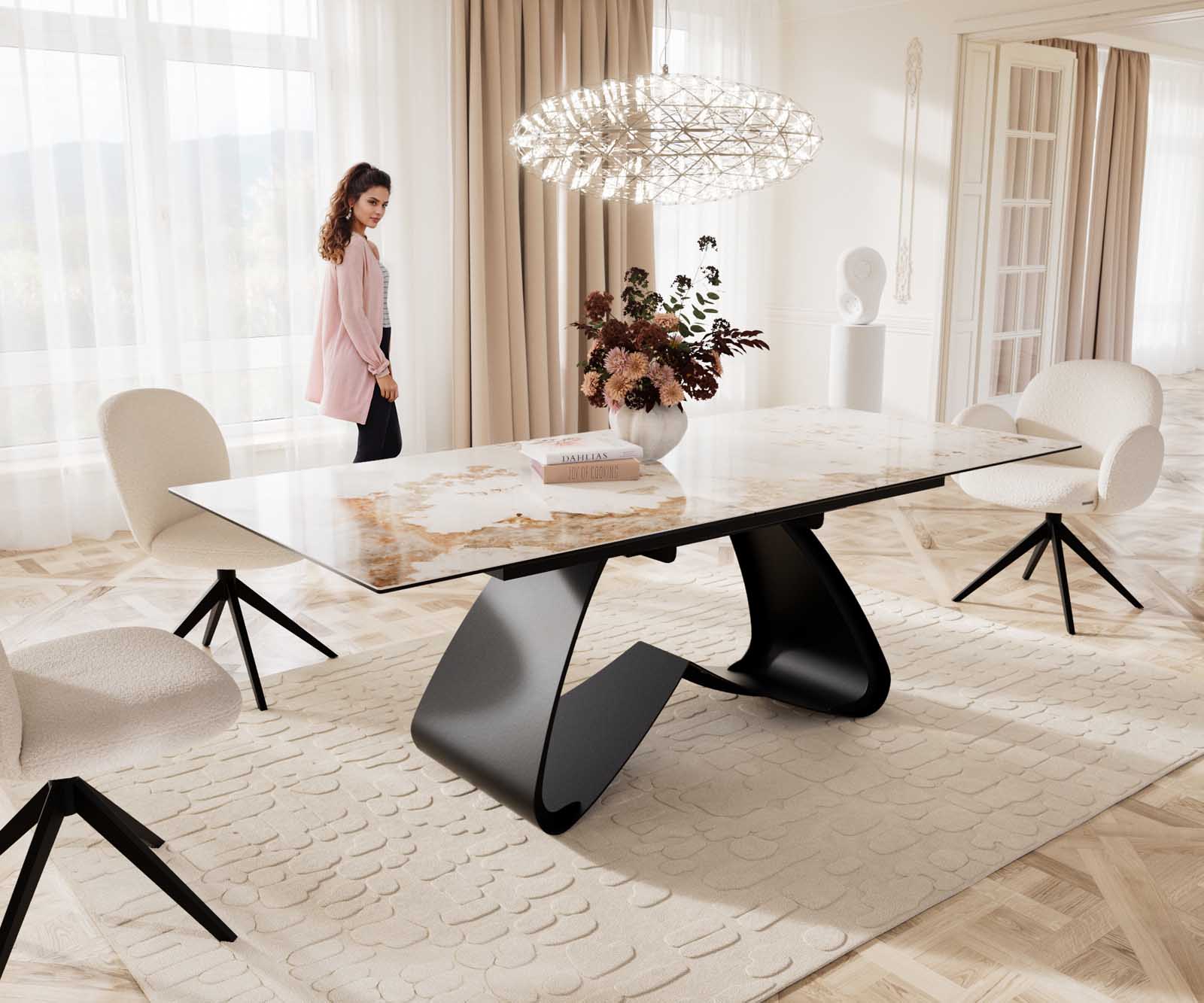 Table à manger Edge 180-220x100 céramique Minas mélange blanc-beige cadre en W noir extensible 1