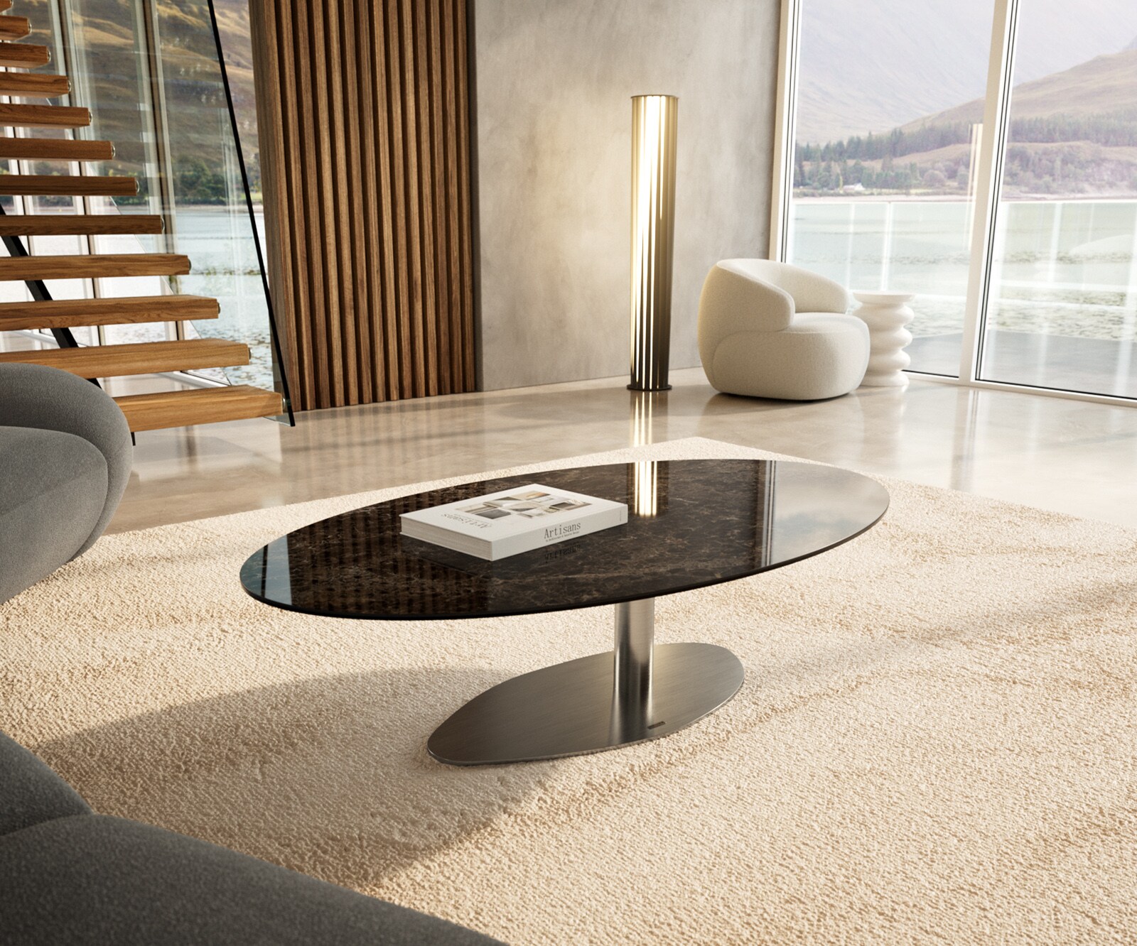 Table basse Edge Oval 140x80 cm céramique Laminam® Emperador Extra Lucidato brun foncé Vibany acier inoxydable brossé 1