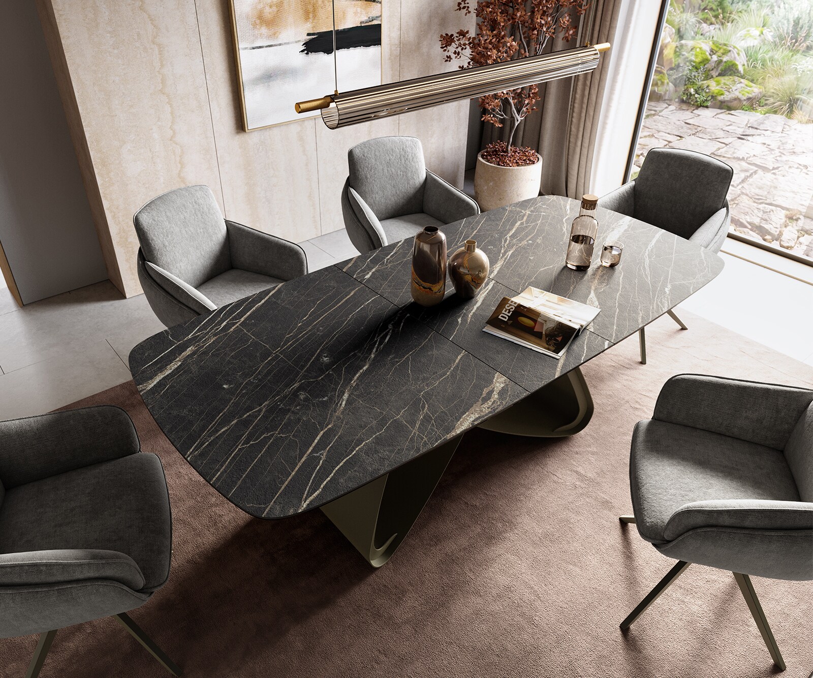 Table à manger Edge Boot 180-220x100 cm Laminam® Céramique Noir Desir Braun piètement en W Finition effet Titan extensible 4