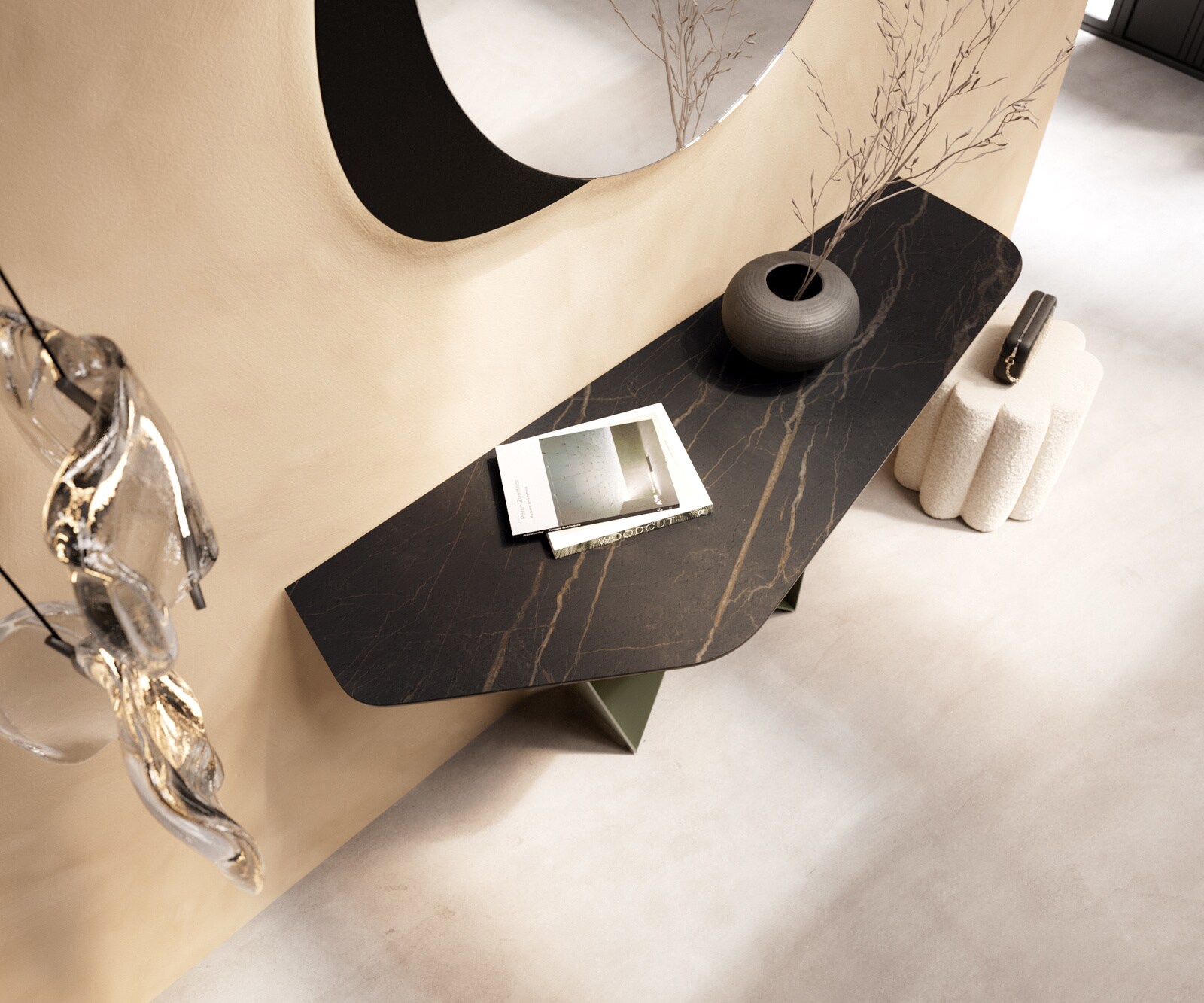 Console Edge Polygonal 140x50 cm Céramique Laminam® Noir Desir Braun Spios Métal Effektfinish Titan 1