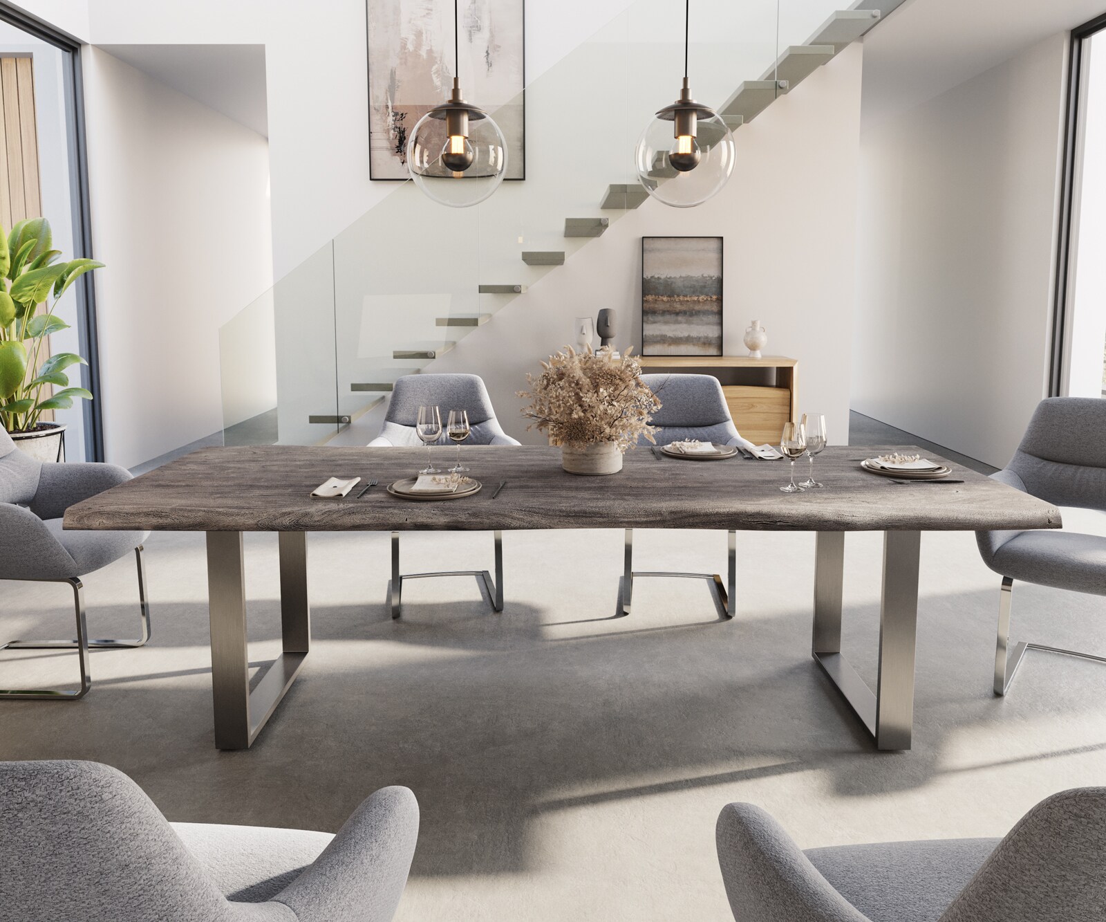 Table-à-manger Edge 260x100 XL acacia platine acier inoxydable mince Live-Edge 2