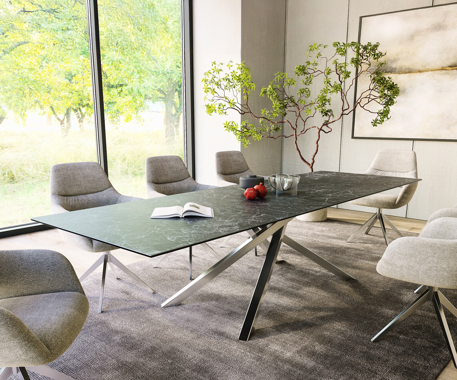 Table-à-manger Edge 300x100cm Laminam® céramique gris pieds milieu croisé argent