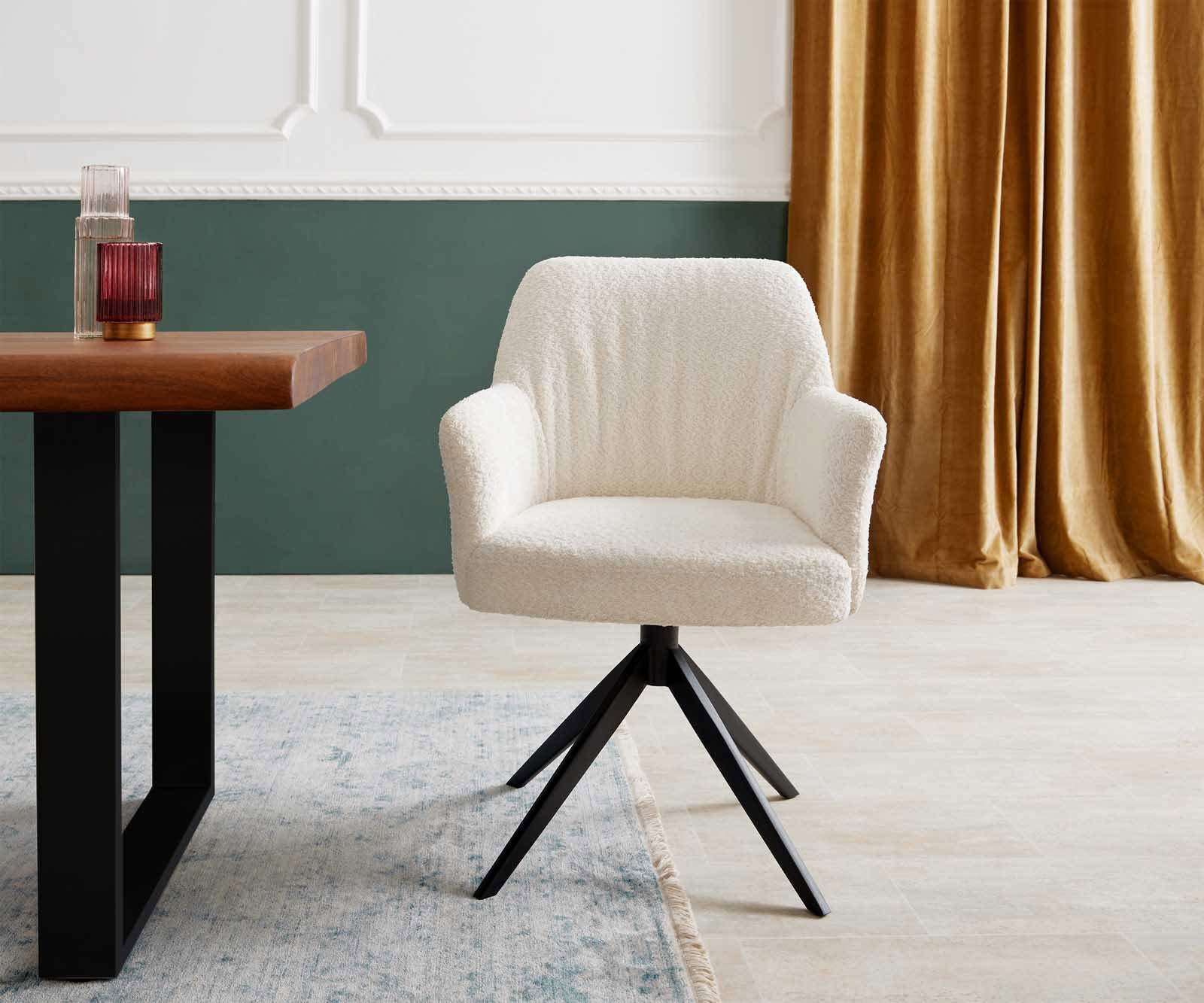 Chaise-pivotante Xana-Flex avec accoudoirs bouclé blanc pied croisé large noir pivotement sur 360° ressorts ensachés 1 Chaise-pivotante Xana-Flex avec accoudoirs bouclé blanc pied croisé large noir pivotement sur 360° ressorts ensachés 1