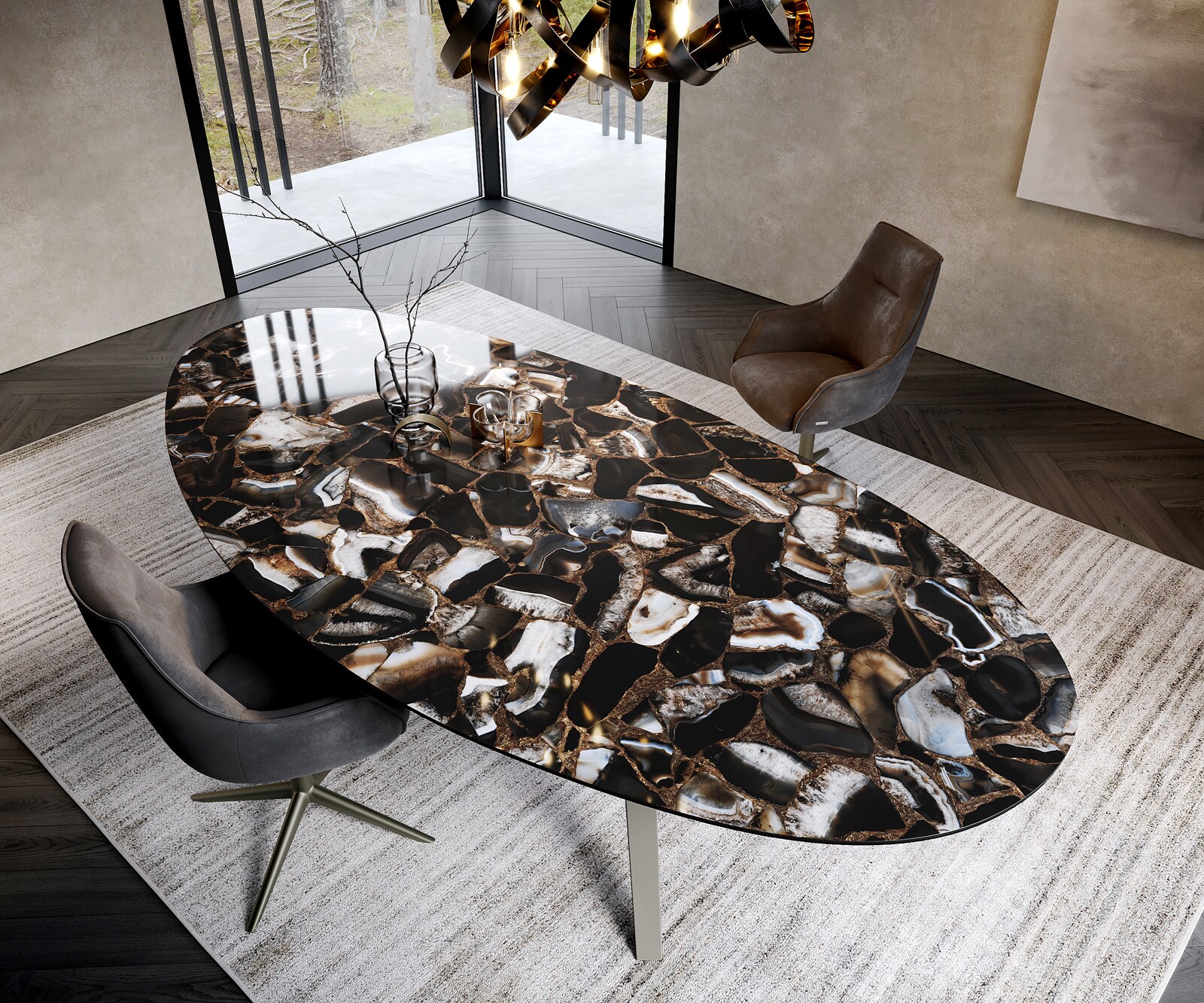 Table à manger Edge Ovale 280x130 Céramique Iris FMG Agatablack Zenthara anguleux Métal finition à effet Titane 1