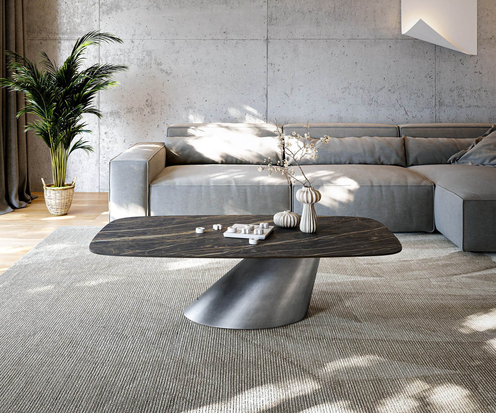 Table basse Edge Boot 140x80 cm céramique Laminam® Noir Desir brun Conis argent métallique