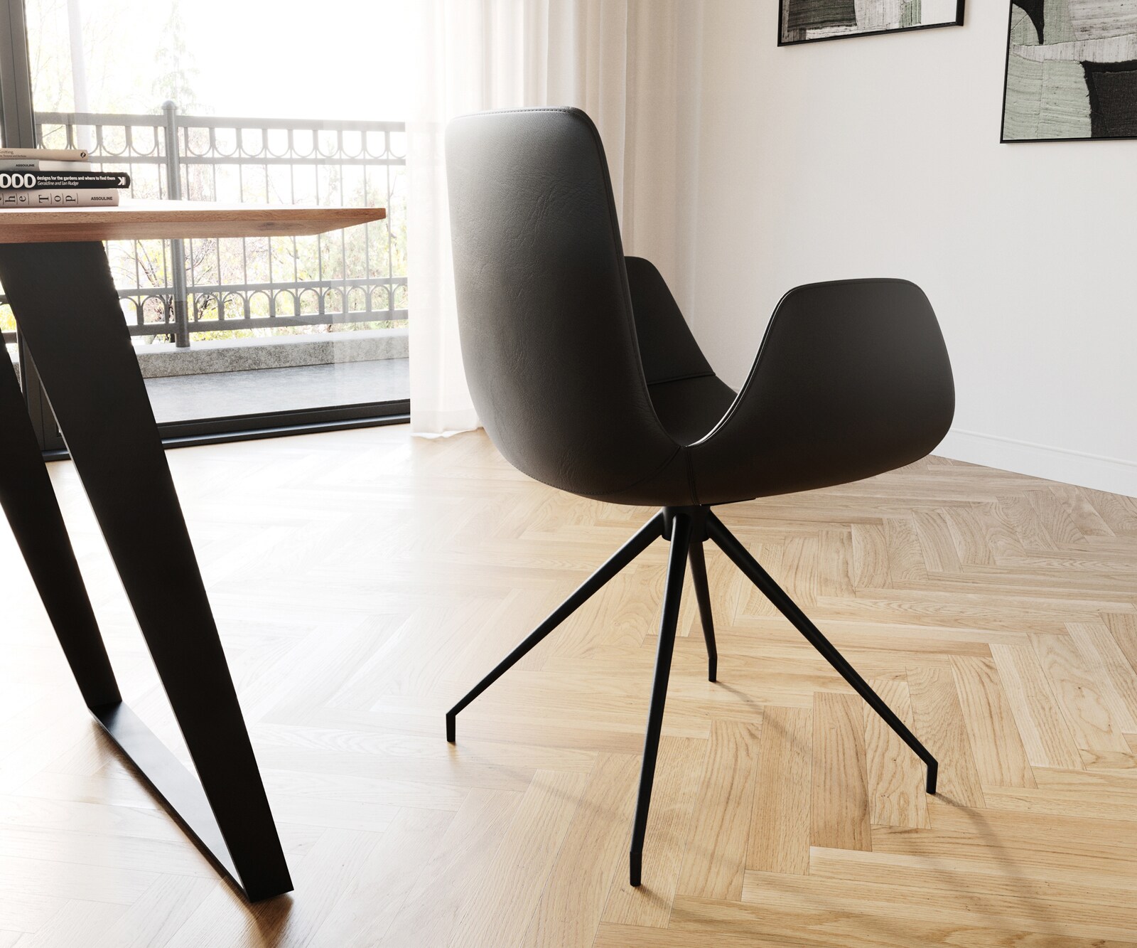 Chaise-de-salle-à-manger Ilia-Flex avec accoudoirs cuir de vache noir pied croisé conique noir 4 Chaise-de-salle-à-manger Ilia-Flex avec accoudoirs cuir de vache noir pied croisé conique noir 4