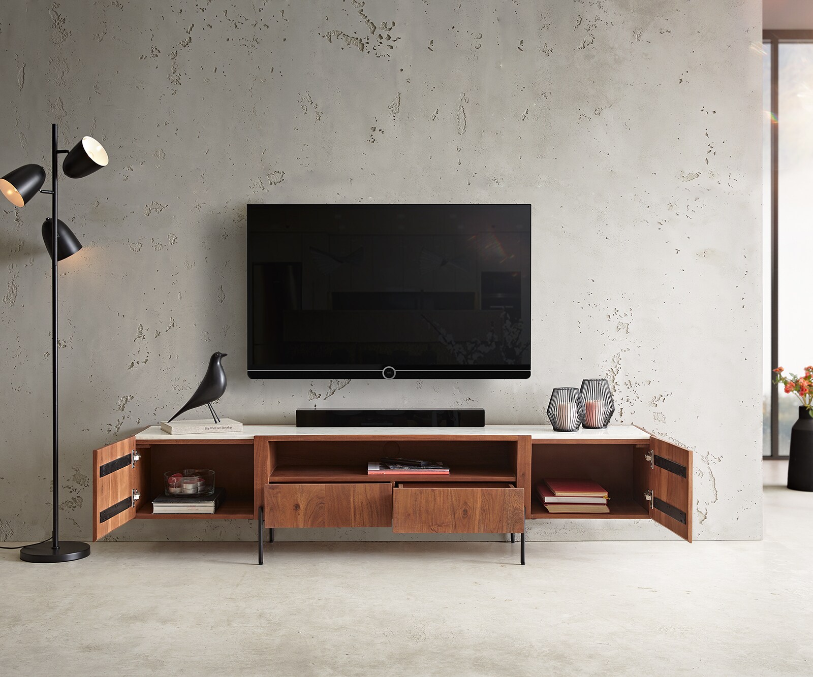 Meuble-TV Secara 200 cm acacia marron 2 portes 2 tiroirs marbre pieds noirs 3