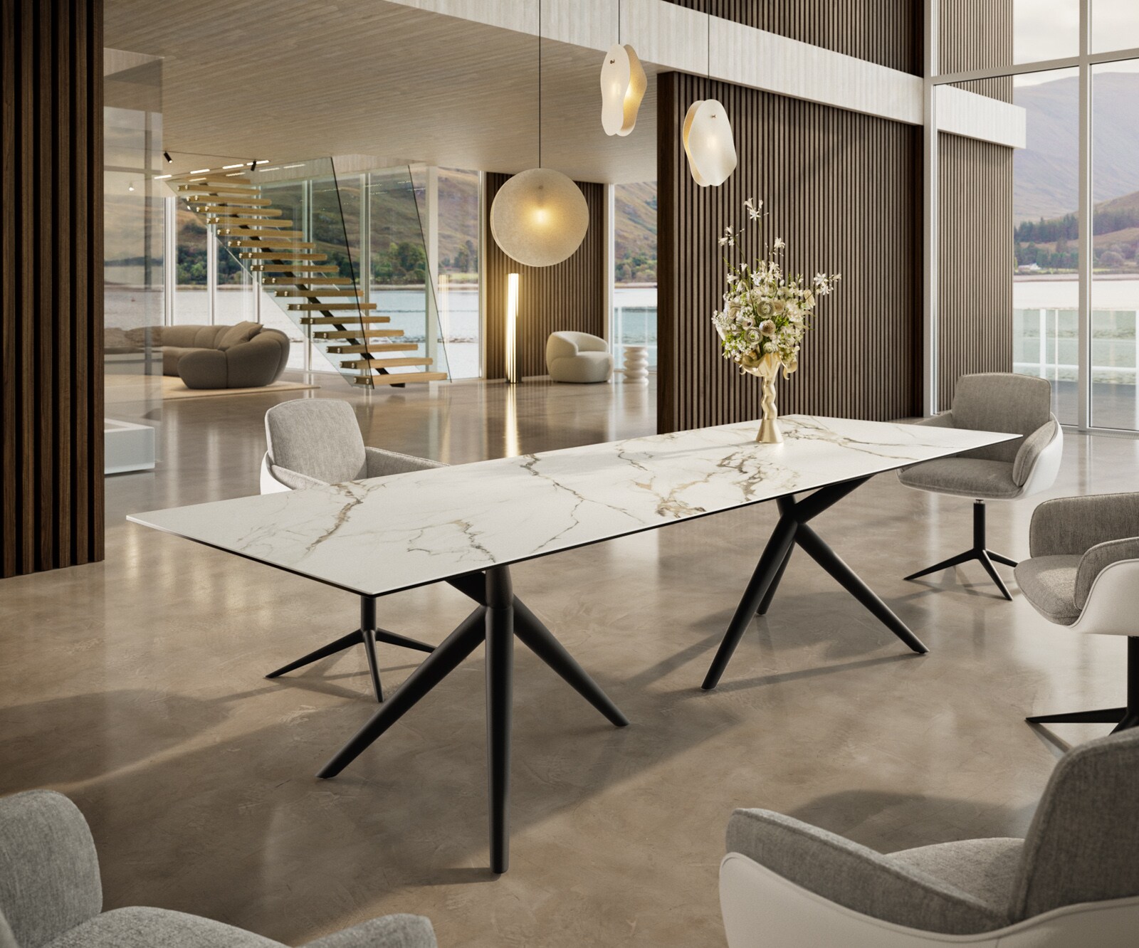 Table à manger Edge 300x100 Céramique Calacatta Luxe Blanc-Doré-Gris Estelar rond Métal Noir 1