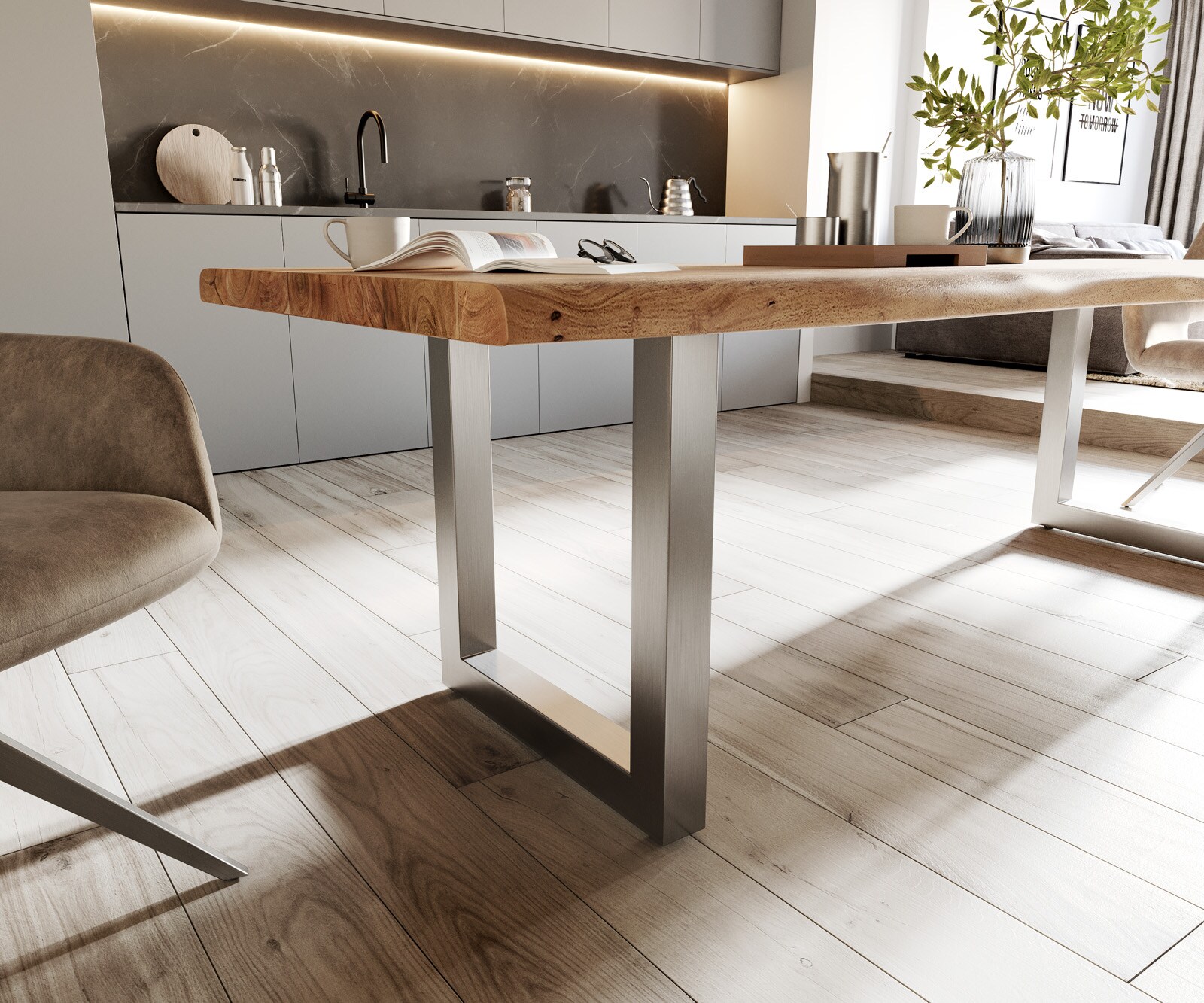 Table-à-manger Edge 260x100 XL acacia nature acier inoxydable large Live-Edge 4