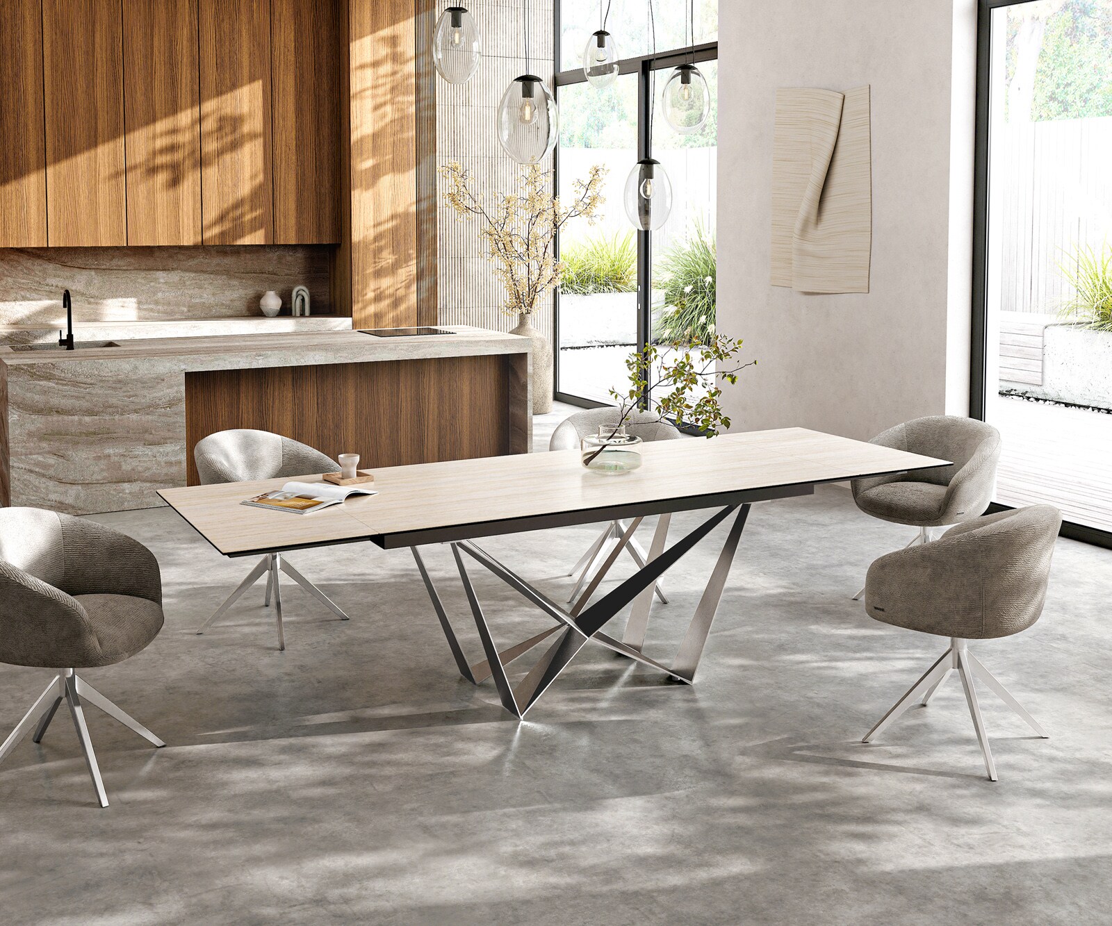 Table à manger Edge 200-300x100 céramique Laminam® Travertino Bianco crème-blanc Spider acier plat acier inoxydable extensible 6