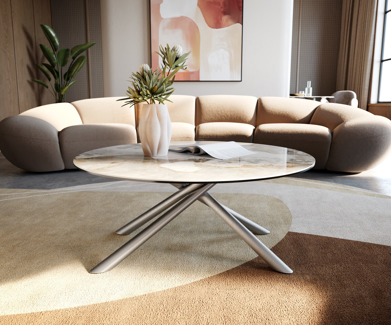 Table basse Edge rond 90x90 cm céramique Minas Melange Sarity acier inoxydable brossé 3